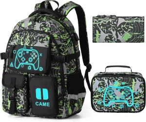 Game Kids Backpack Set, Large Boys Backpack with Lunch Bag & Pencil Case, Waterproof School Backpacks With USB Charging Port, Luminous Camo Bookbags Fits 15.6" Laptop For Boy Age 6-18, Green