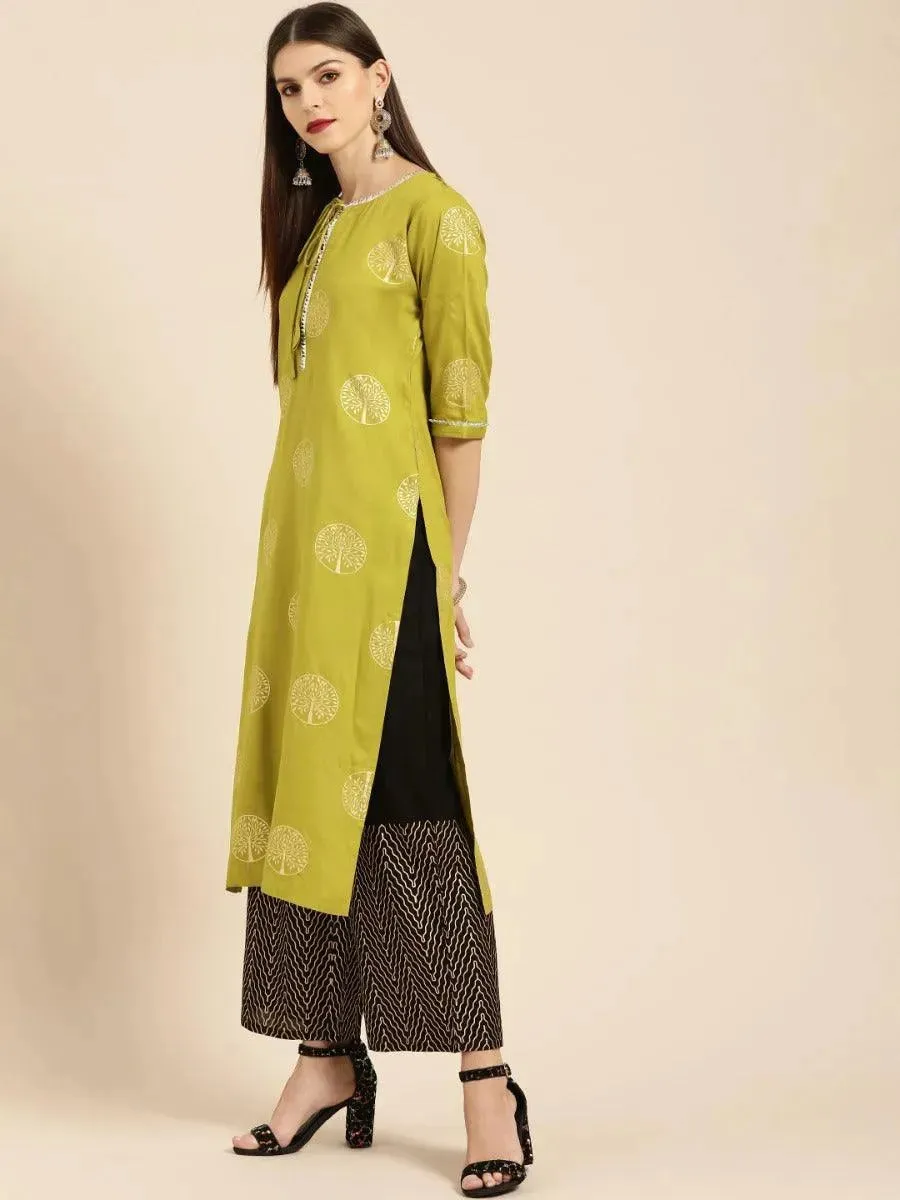 Green Printed Rayon Straight Kurta With Palazzos