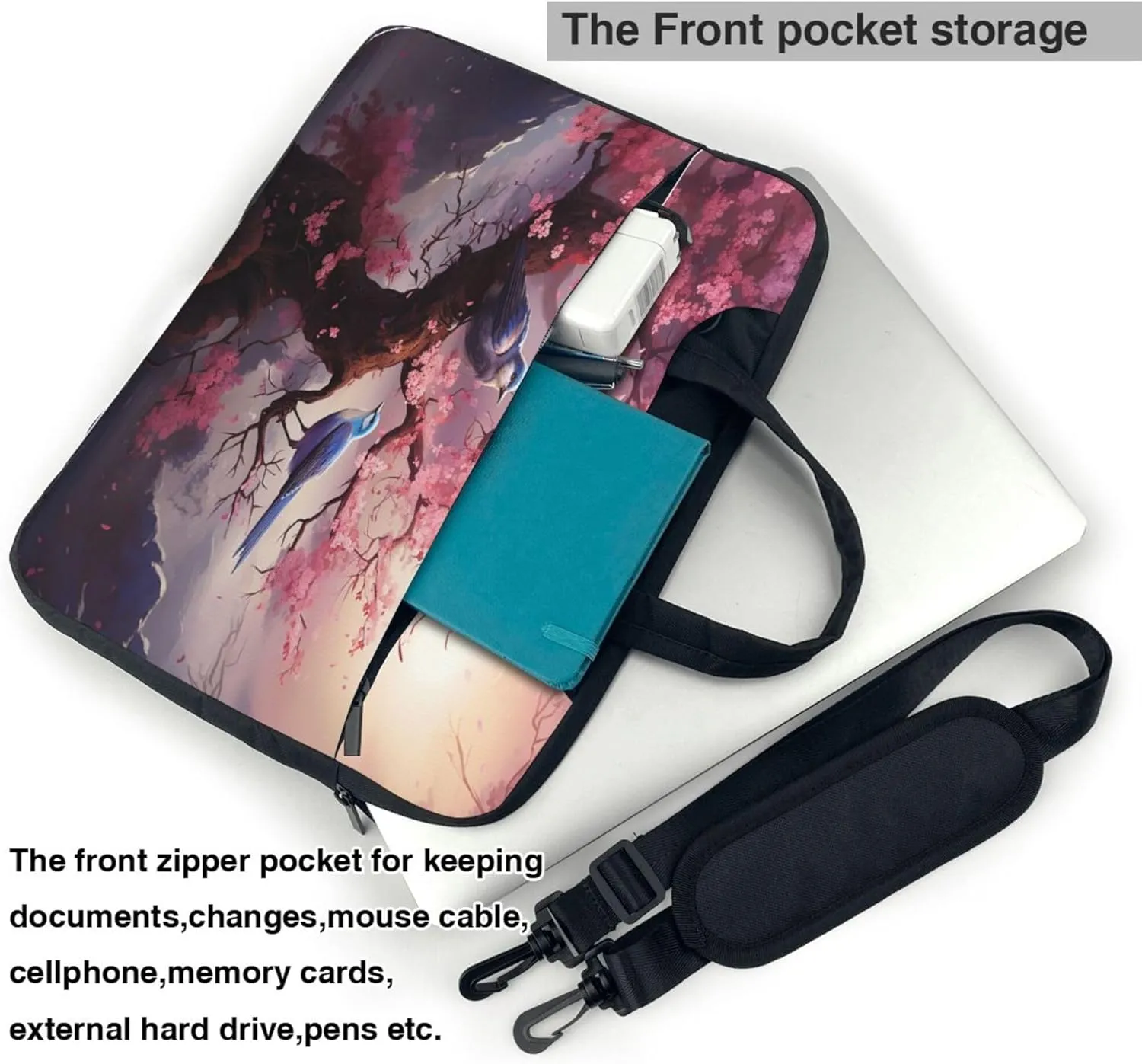 Hummingbird Flower Laptop Shoulder Bag for Women, Cherry Blossom Tree Laptop Sleeve Case Durable Computer Bag