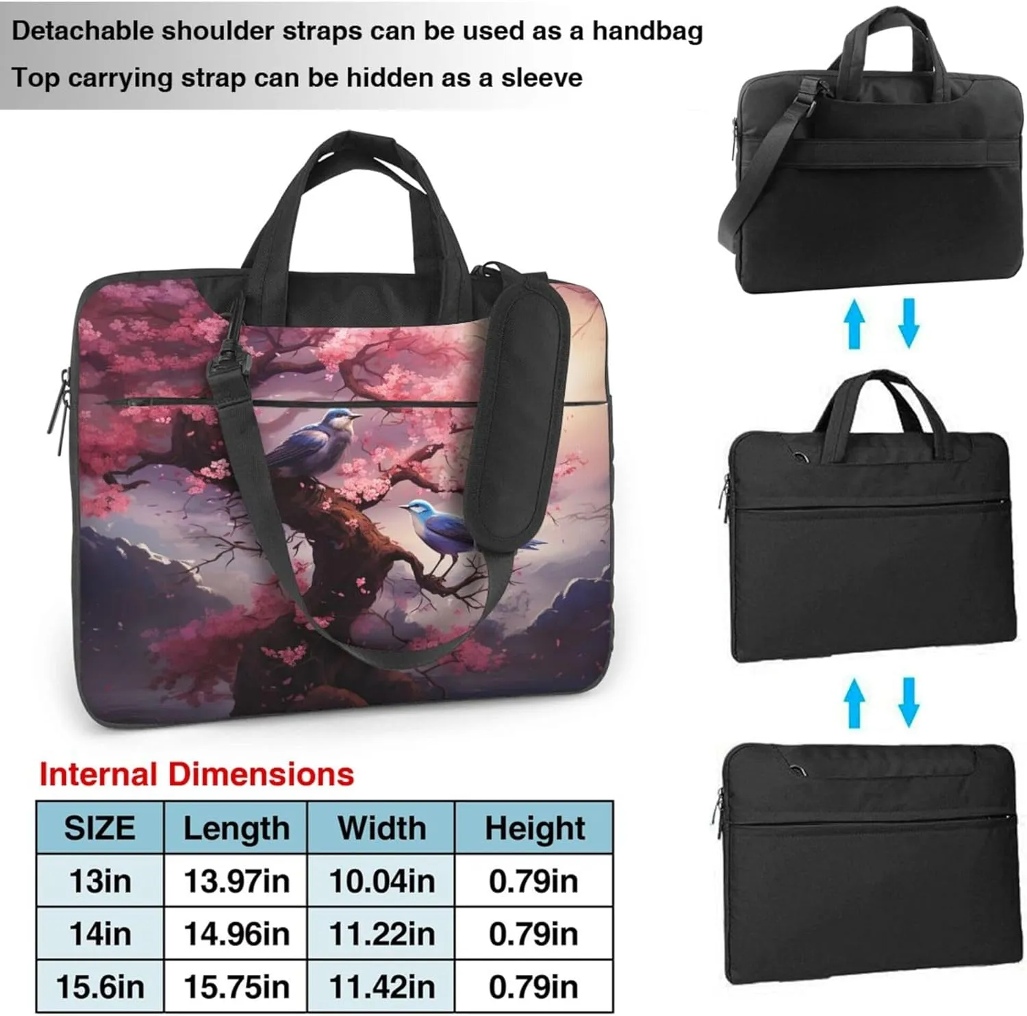 Hummingbird Flower Laptop Shoulder Bag for Women, Cherry Blossom Tree Laptop Sleeve Case Durable Computer Bag