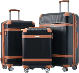 JCSD 3 Piece Durable Lightweight Hardshell Luggage Set with Double Spinner Wheels, Black 20'', 24'', 28''