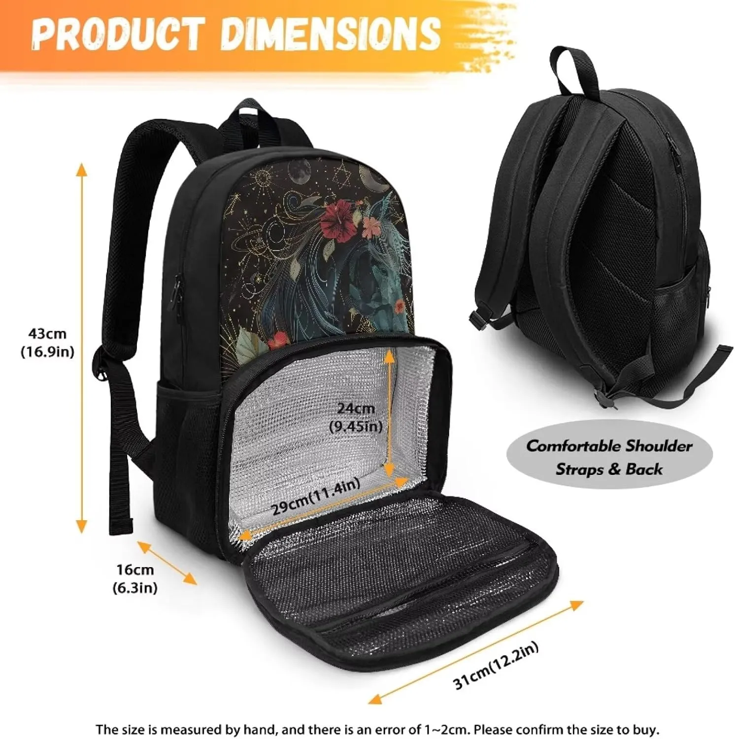 Kids Backpacks with Lunch Compartment for Boys Girls, 3D Horse Floral Large Capacity School Bag Bookbag Insulated Lunch Bag for Kindergarten, Primary School, Middle School