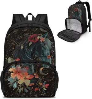 Kids Backpacks with Lunch Compartment for Boys Girls, 3D Horse Floral Large Capacity School Bag Bookbag Insulated Lunch Bag for Kindergarten, Primary School, Middle School