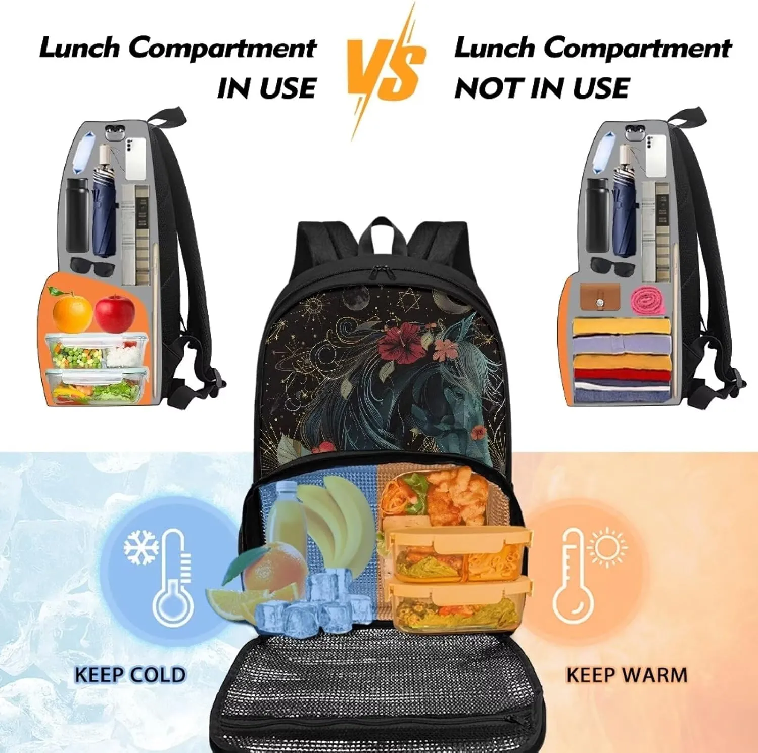 Kids Backpacks with Lunch Compartment for Boys Girls, 3D Horse Floral Large Capacity School Bag Bookbag Insulated Lunch Bag for Kindergarten, Primary School, Middle School