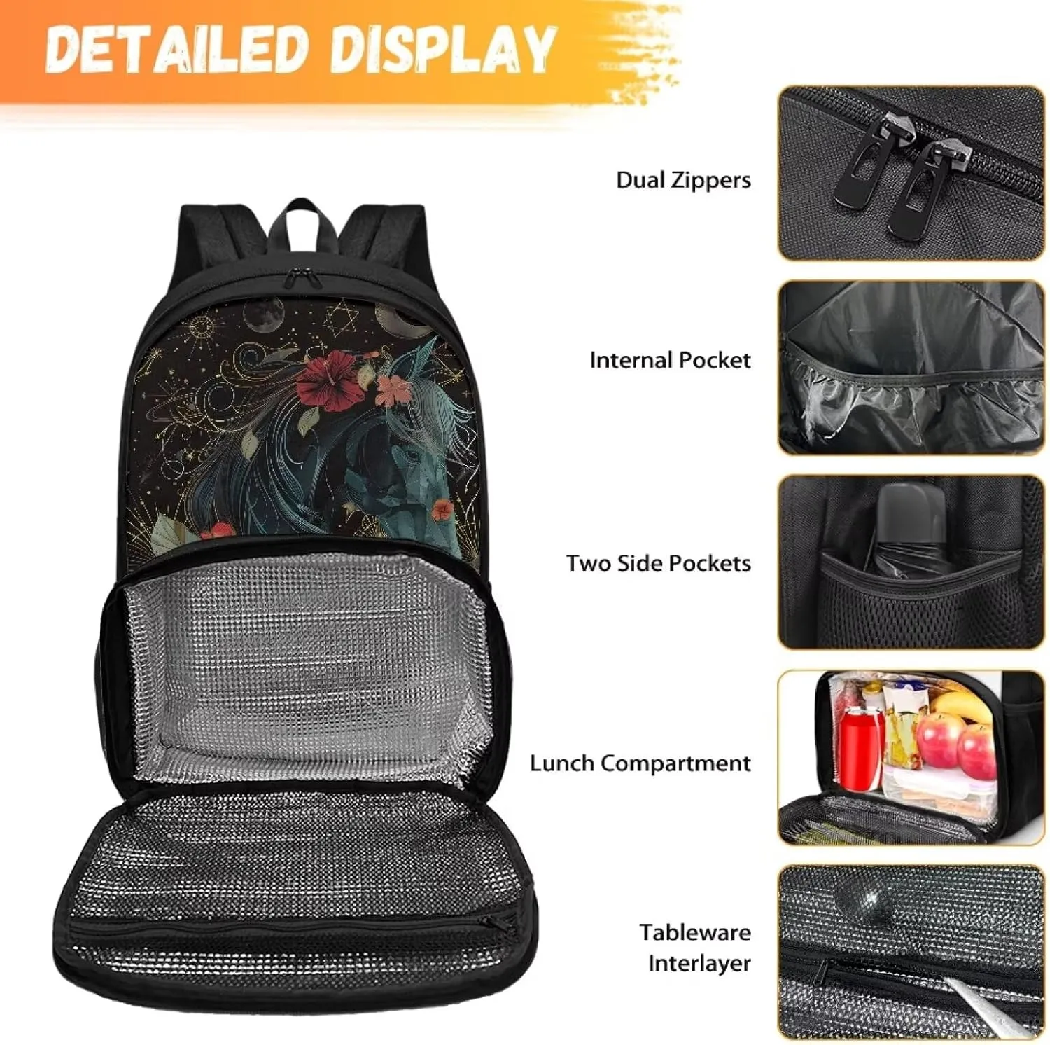 Kids Backpacks with Lunch Compartment for Boys Girls, 3D Horse Floral Large Capacity School Bag Bookbag Insulated Lunch Bag for Kindergarten, Primary School, Middle School