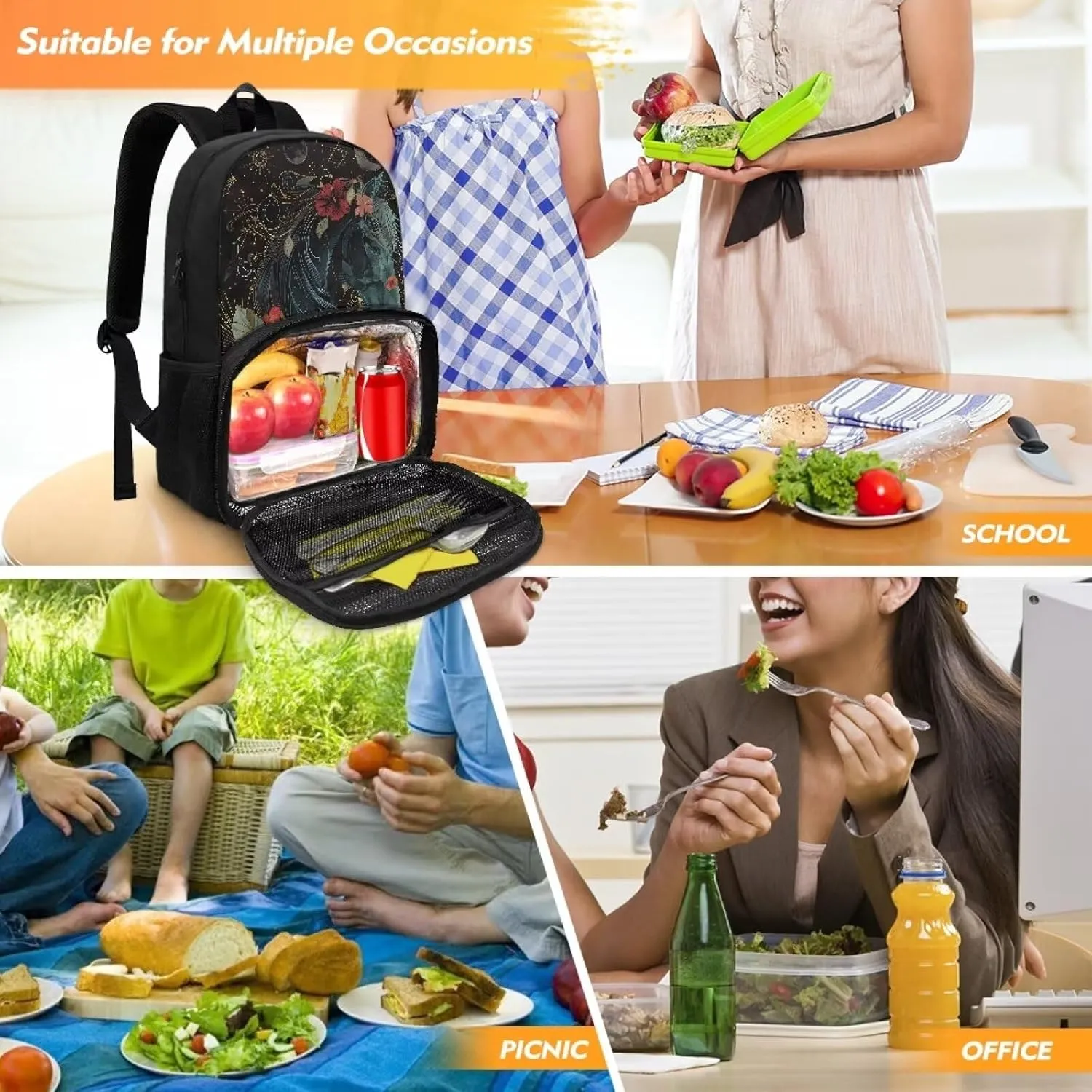 Kids Backpacks with Lunch Compartment for Boys Girls, 3D Horse Floral Large Capacity School Bag Bookbag Insulated Lunch Bag for Kindergarten, Primary School, Middle School