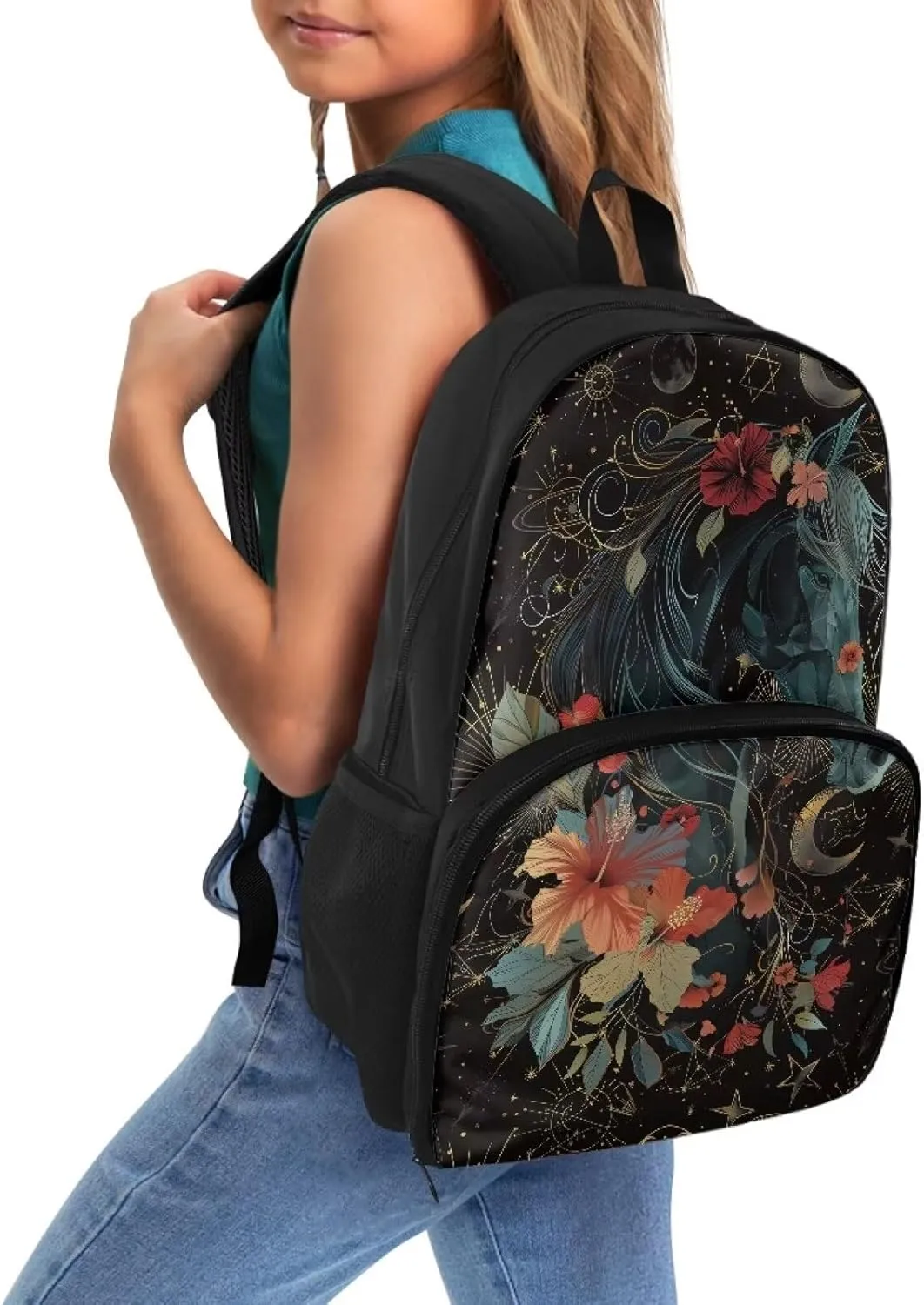Kids Backpacks with Lunch Compartment for Boys Girls, 3D Horse Floral Large Capacity School Bag Bookbag Insulated Lunch Bag for Kindergarten, Primary School, Middle School