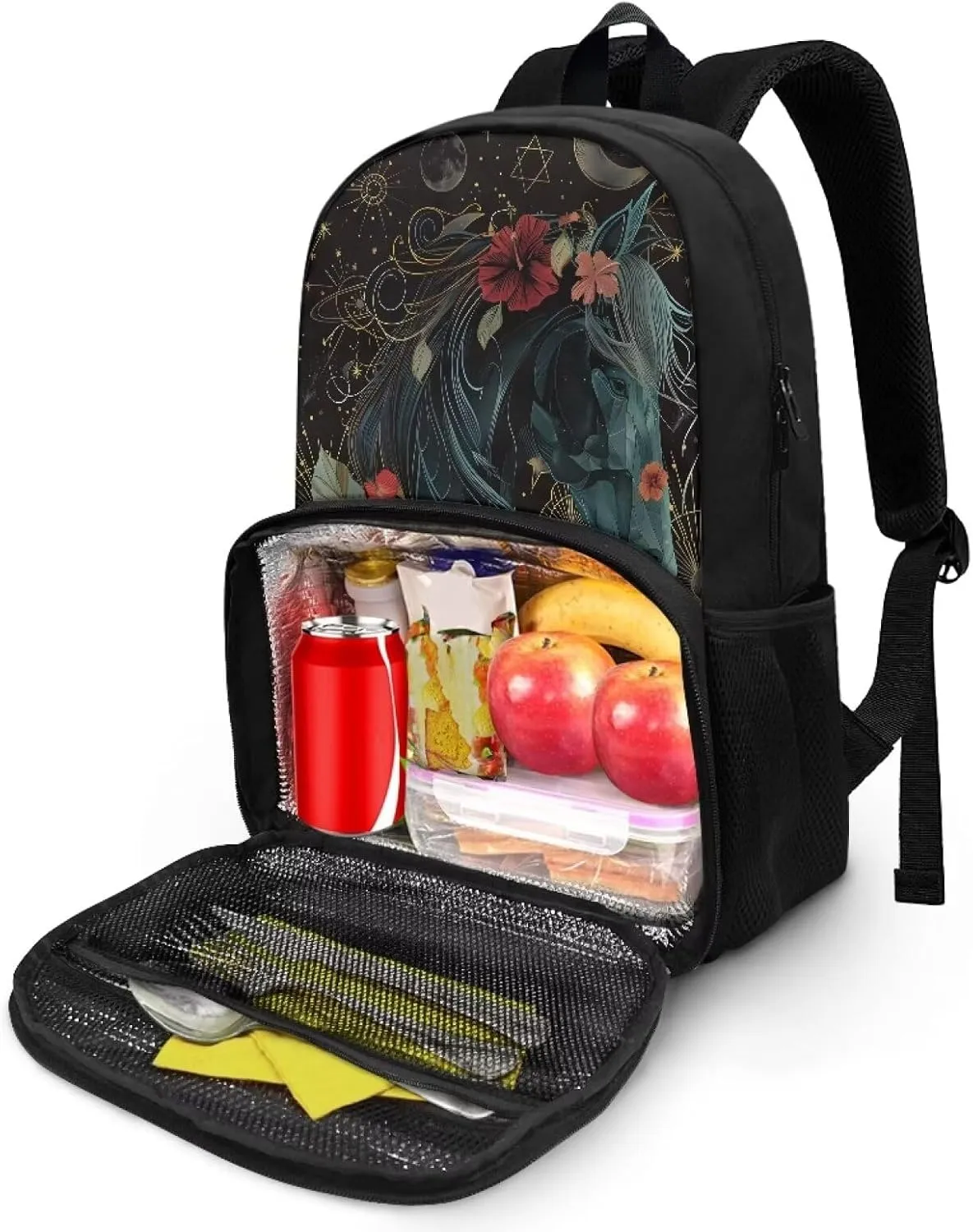 Kids Backpacks with Lunch Compartment for Boys Girls, 3D Horse Floral Large Capacity School Bag Bookbag Insulated Lunch Bag for Kindergarten, Primary School, Middle School