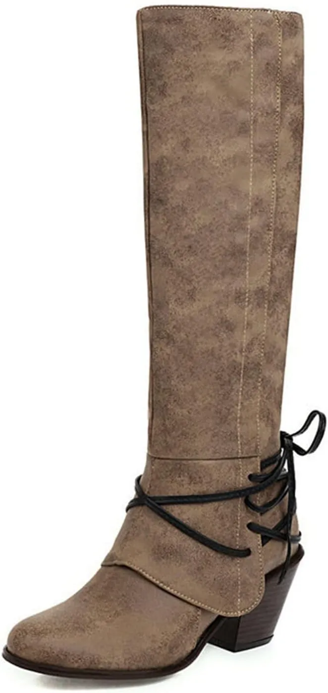 Knee High Boots Women - Vintage Pointed Toe Straps Lace Up Chunky Heel Long Boots Winter Warm Solid High Heel Leather Riding Boots Casual Shoes