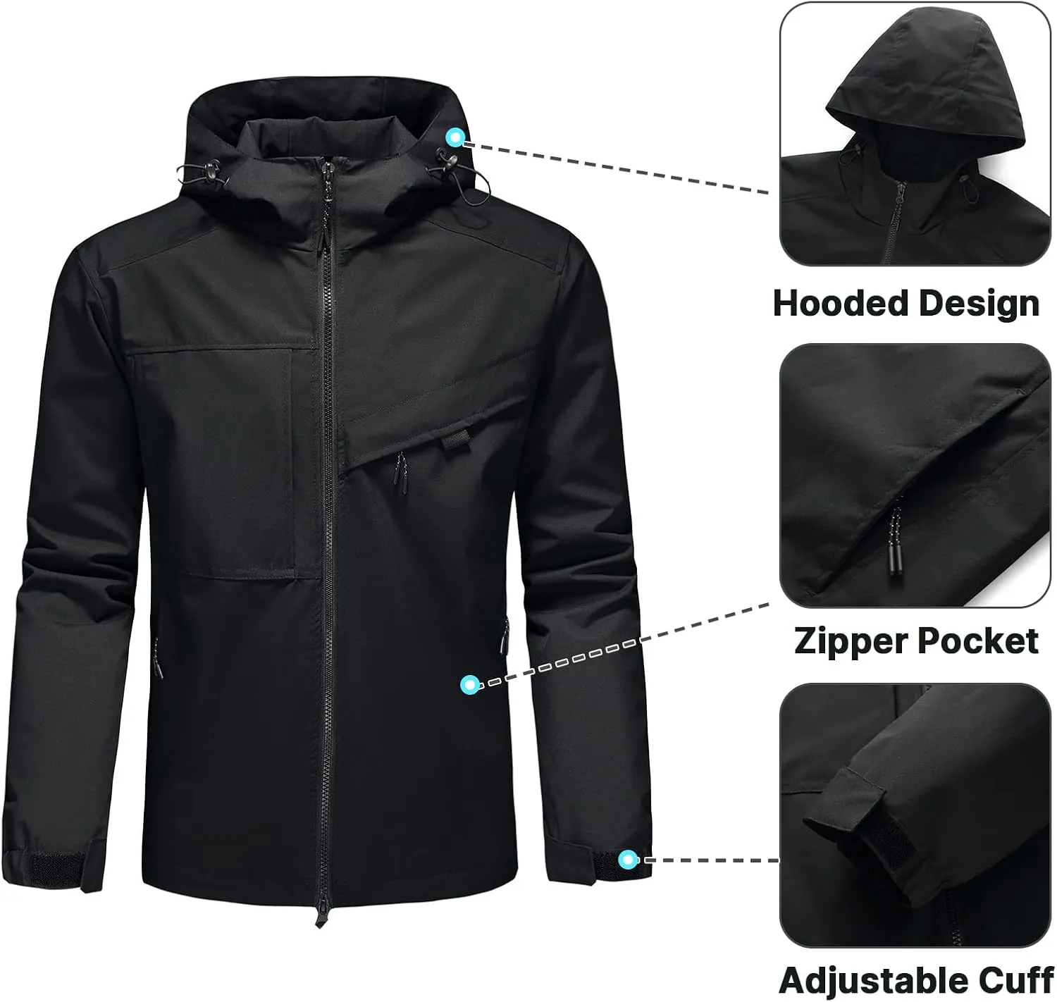 Lamgool Waterproof Jackets for Men Lightweight Rain Jacket Hooded Raincoat Zip Windbreaker for Running Hiking Travel