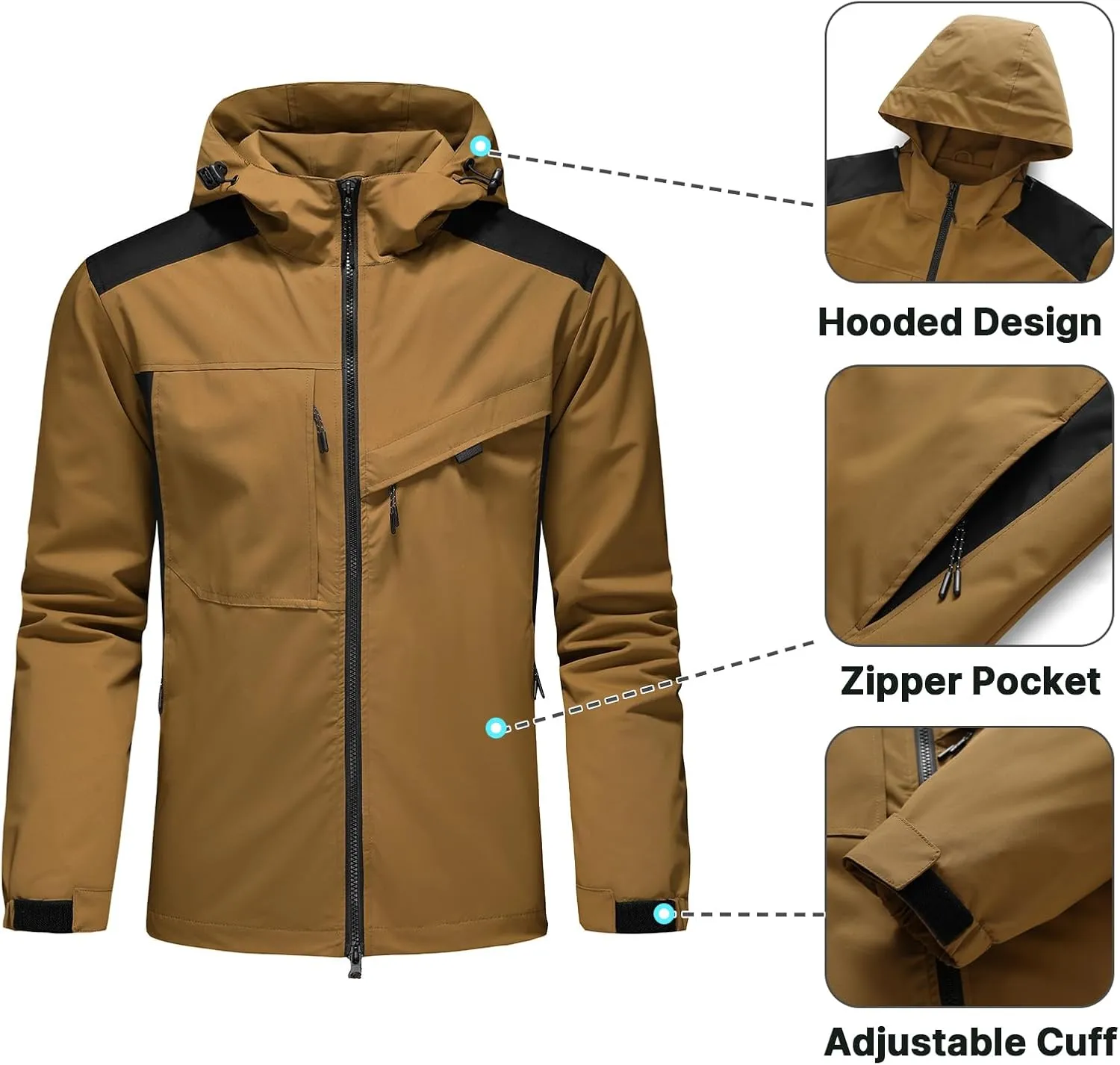 Lamgool Waterproof Jackets for Men Lightweight Rain Jacket Hooded Raincoat Zip Windbreaker for Running Hiking Travel