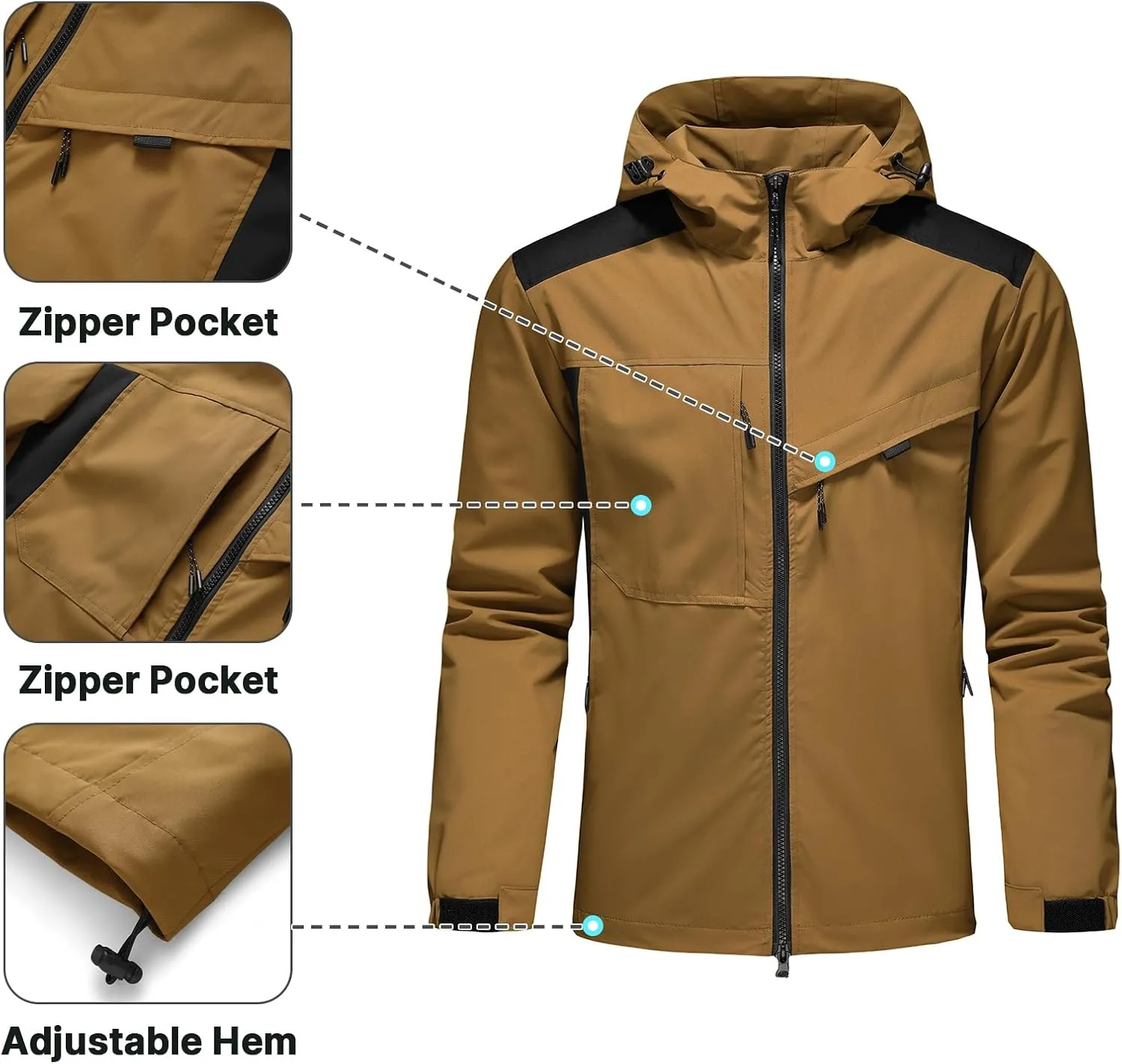 Lamgool Waterproof Jackets for Men Lightweight Rain Jacket Hooded Raincoat Zip Windbreaker for Running Hiking Travel