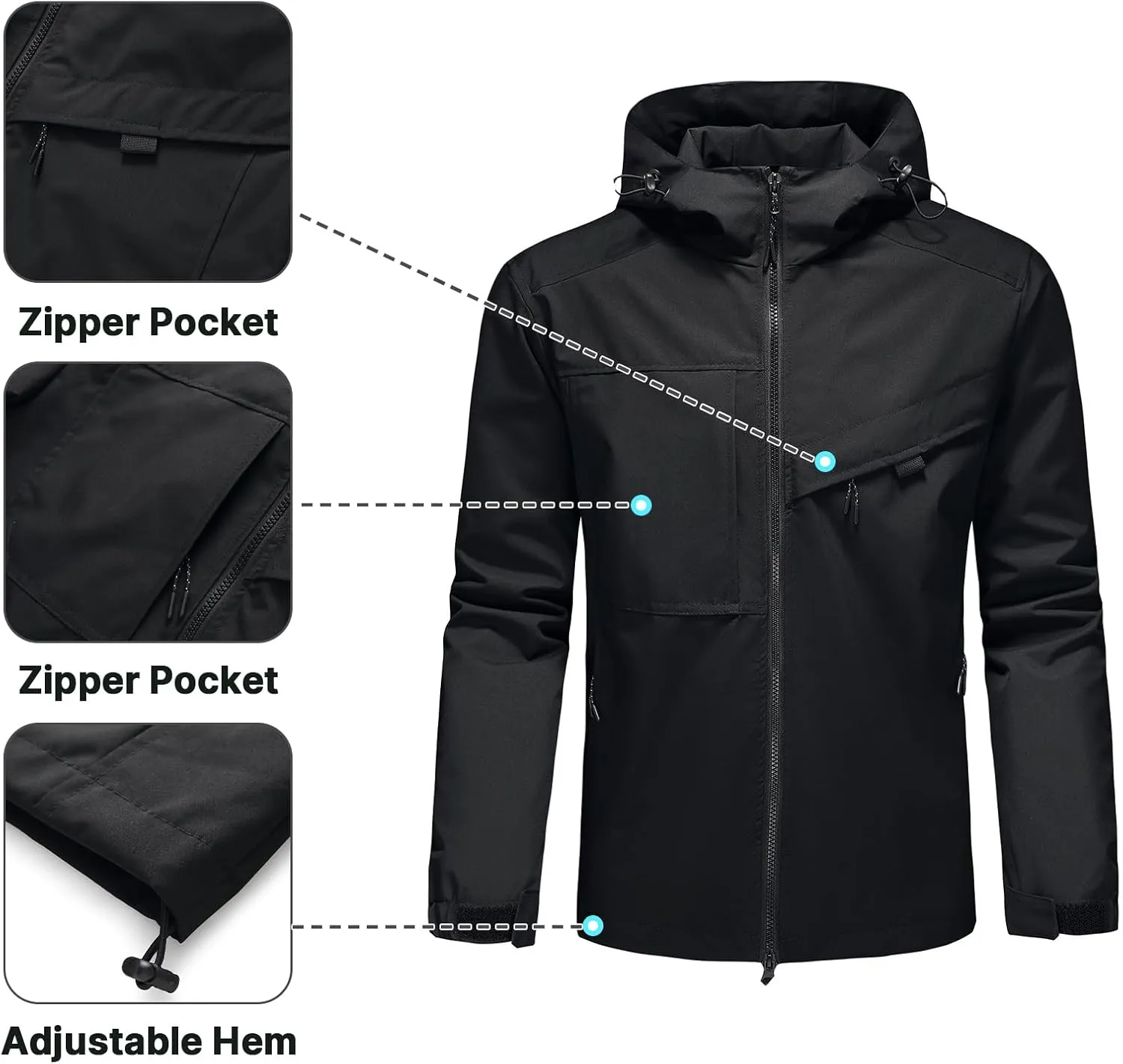 Lamgool Waterproof Jackets for Men Lightweight Rain Jacket Hooded Raincoat Zip Windbreaker for Running Hiking Travel