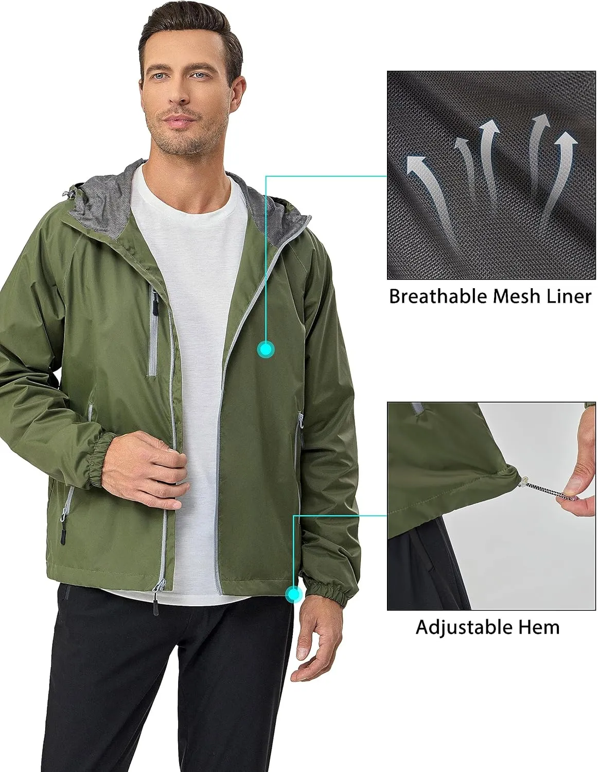 Little Donkey Andy Mens Lightweight Windbreaker Jacket Breathable Windproof Hooded Wind Coat Hiking Running Golf Travel