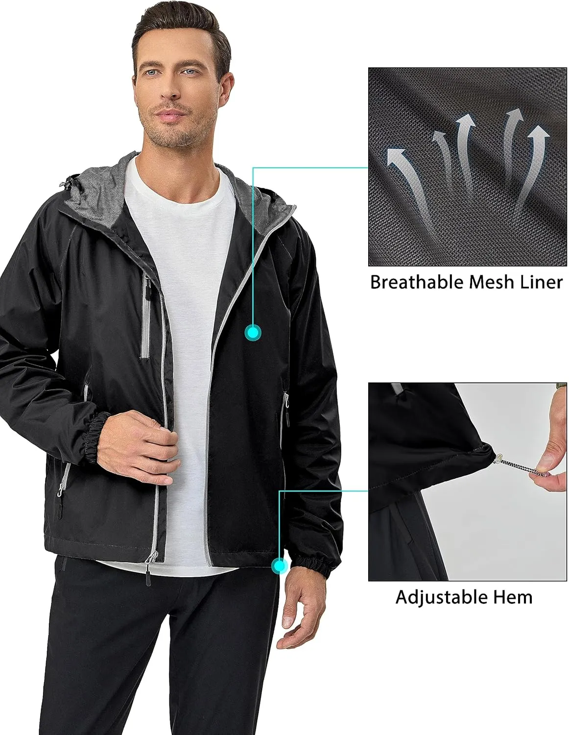Little Donkey Andy Mens Lightweight Windbreaker Jacket Breathable Windproof Hooded Wind Coat Hiking Running Golf Travel
