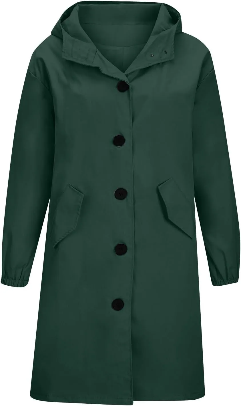 Long Rain Jacket Women Lightweight Waterproof Rain Coats Windbreaker Outdoor Hooded Trench Coat Raincoat with Pockets