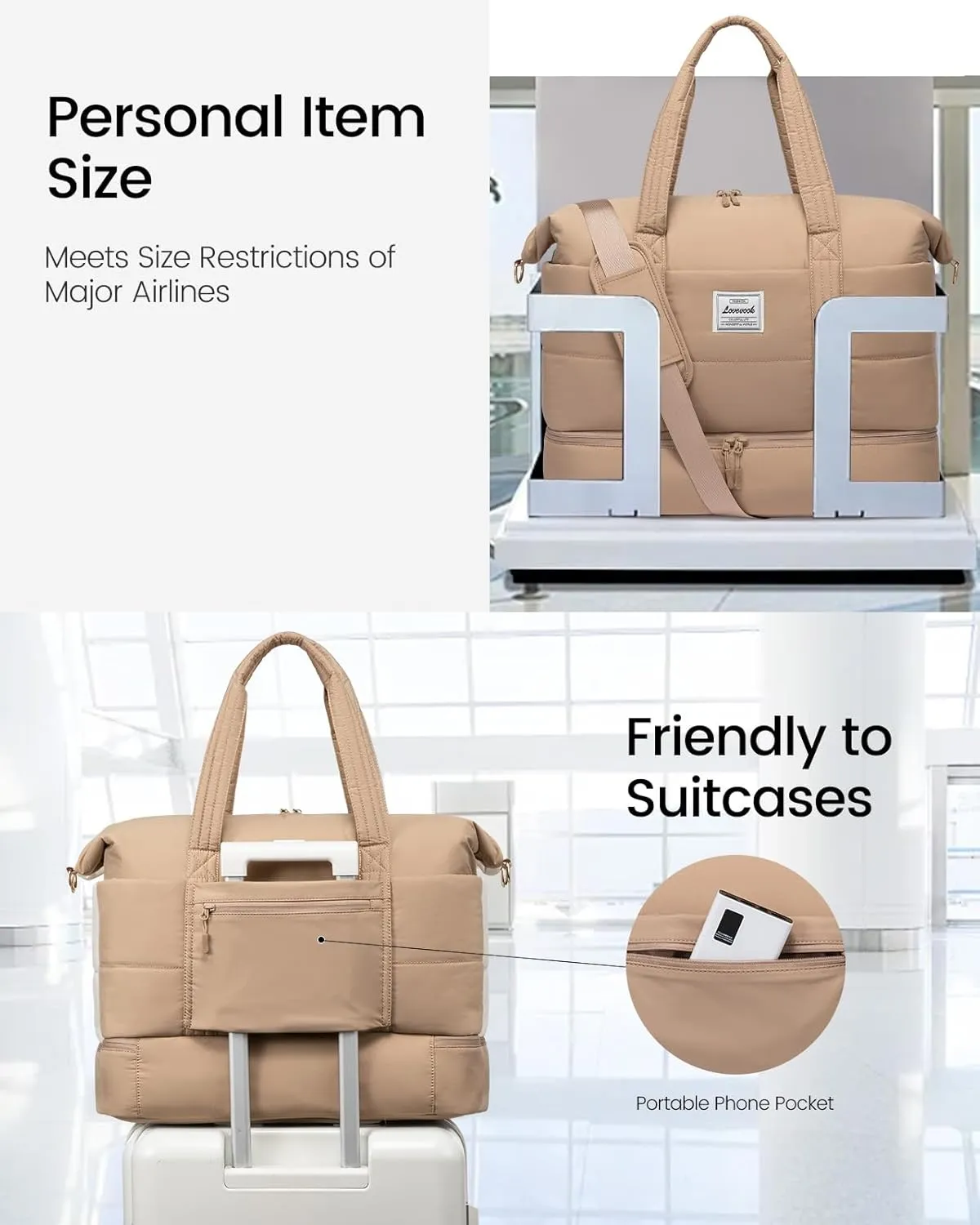 LOVEVOOK Travel Duffle Bag for Women, 3Pcs Puffer Large Weekender Overnight Bag with Shoe Compartment, Water Resistant Gym Duffel Bag, Carry on Bag for Hospital Delivery with Toiletry Organizer