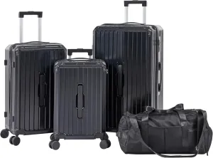 Luggage Sets 4 Piece (20"/24"/29"/Travel Bag), Suitcase Spinner Hardshell Lightweight with Collapsible Cup Holder, 360 Silent Spinner Wheels, TSA Lock (Black)