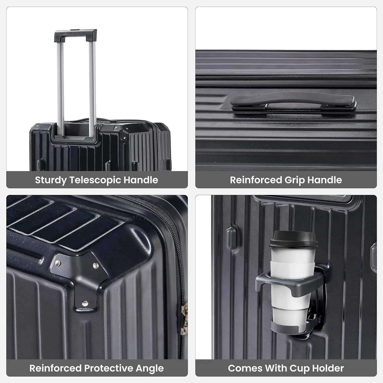 Luggage Sets 4 Piece (20"/24"/29"/Travel Bag), Suitcase Spinner Hardshell Lightweight with Collapsible Cup Holder, 360 Silent Spinner Wheels, TSA Lock (Black)