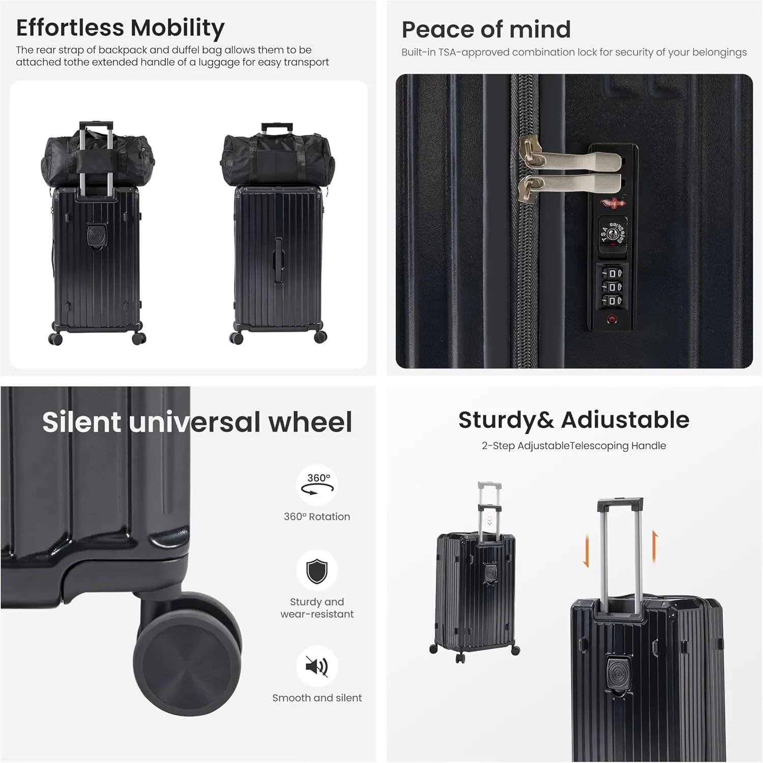 Luggage Sets 4 Piece (20"/24"/29"/Travel Bag), Suitcase Spinner Hardshell Lightweight with Collapsible Cup Holder, 360 Silent Spinner Wheels, TSA Lock (Black)