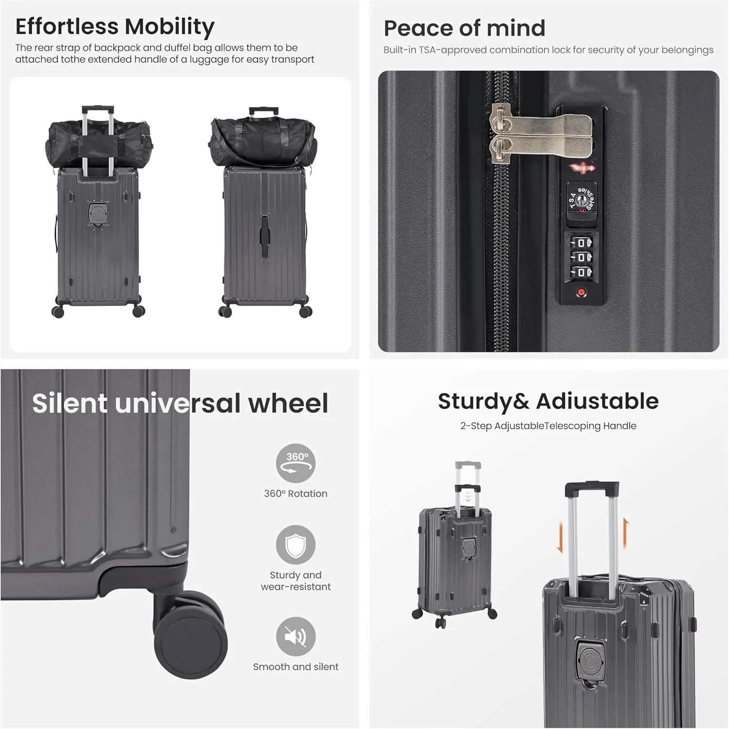 Luggage Sets 4 Piece (20"/24"/29"/Travel Bag), Suitcase Spinner Hardshell Lightweight with Collapsible Cup Holder, 360 Silent Spinner Wheels, TSA Lock (Dark Gray)