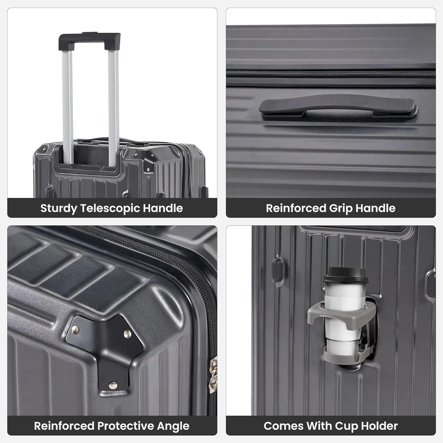 Luggage Sets 4 Piece (20"/24"/29"/Travel Bag), Suitcase Spinner Hardshell Lightweight with Collapsible Cup Holder, 360 Silent Spinner Wheels, TSA Lock (Dark Gray)