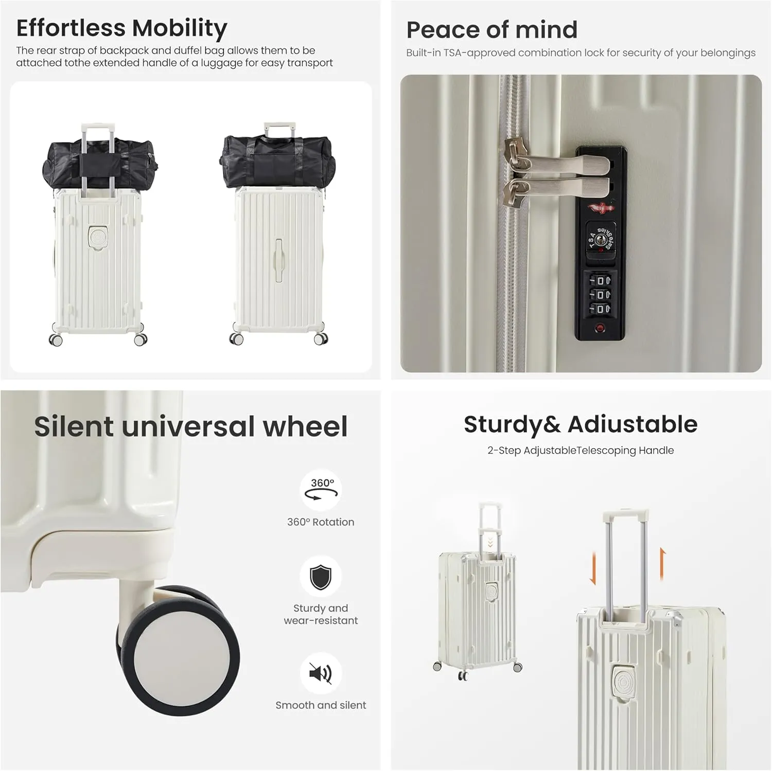 Luggage Sets 4 Piece (20"/24"/29"/Travel Bag), Suitcase Spinner Hardshell Lightweight with Collapsible Cup Holder, 360 Silent Spinner Wheels, TSA Lock (White)