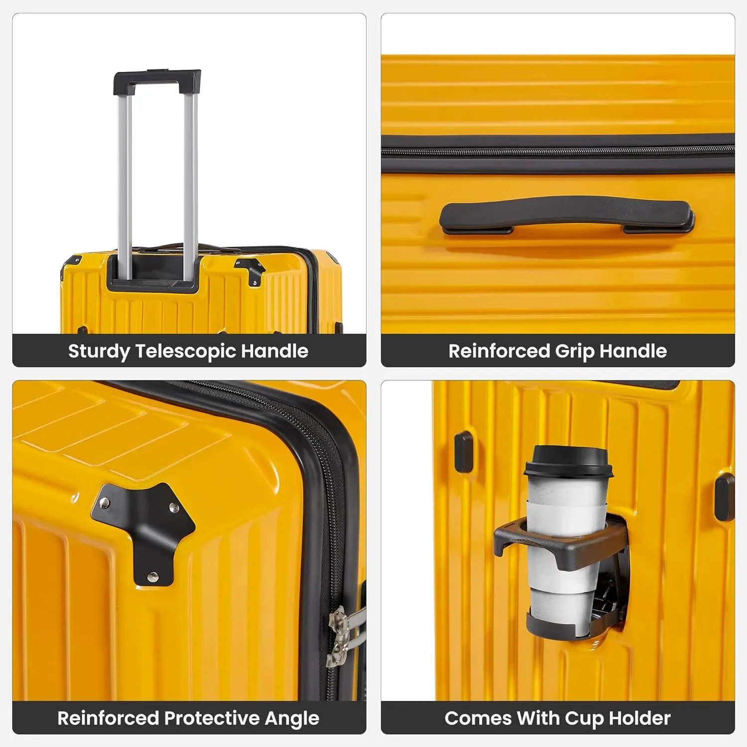 Luggage Sets 4 Piece (20"/24"/29"/Travel Bag), Suitcase Spinner Hardshell Lightweight with Collapsible Cup Holder, 360 Silent Spinner Wheels, TSA Lock (Yellow)
