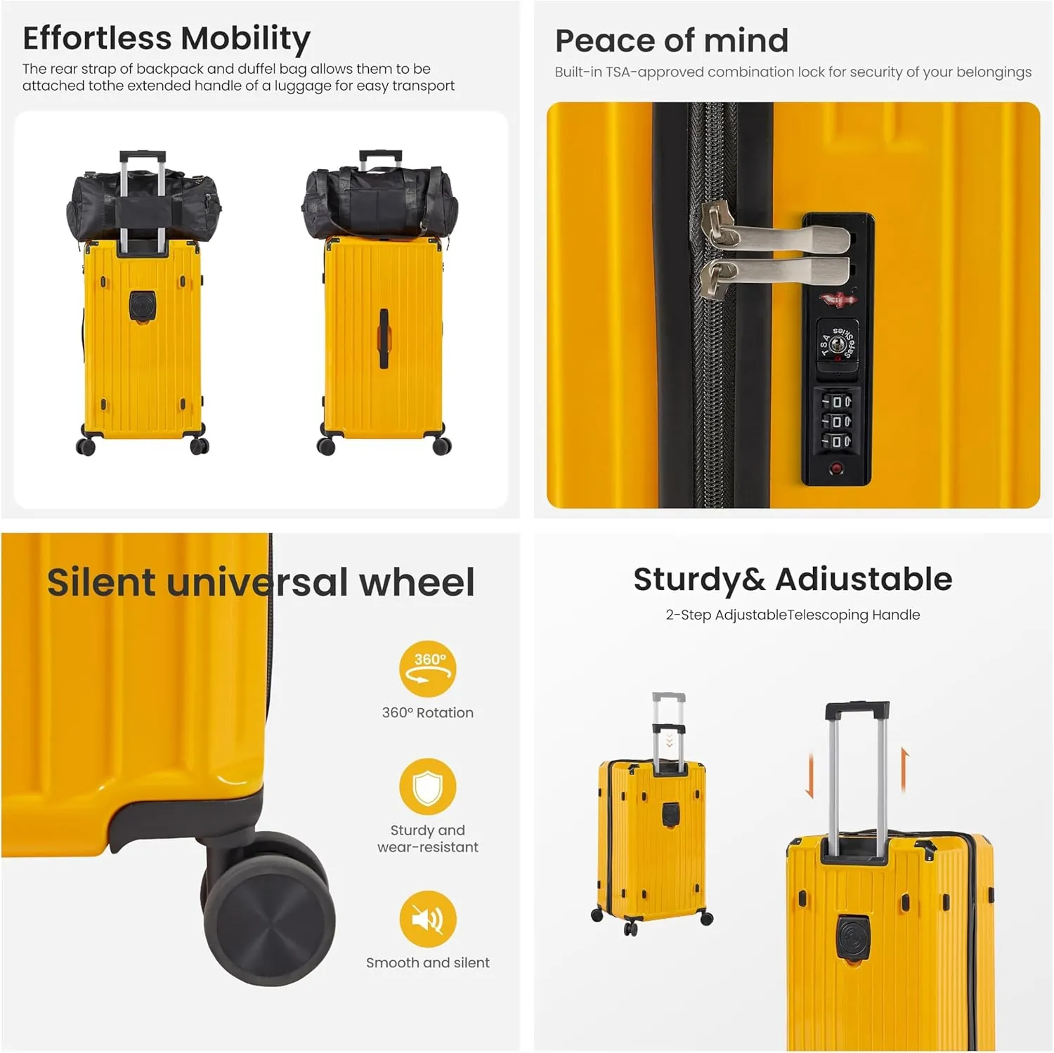Luggage Sets 4 Piece (20"/24"/29"/Travel Bag), Suitcase Spinner Hardshell Lightweight with Collapsible Cup Holder, 360 Silent Spinner Wheels, TSA Lock (Yellow)