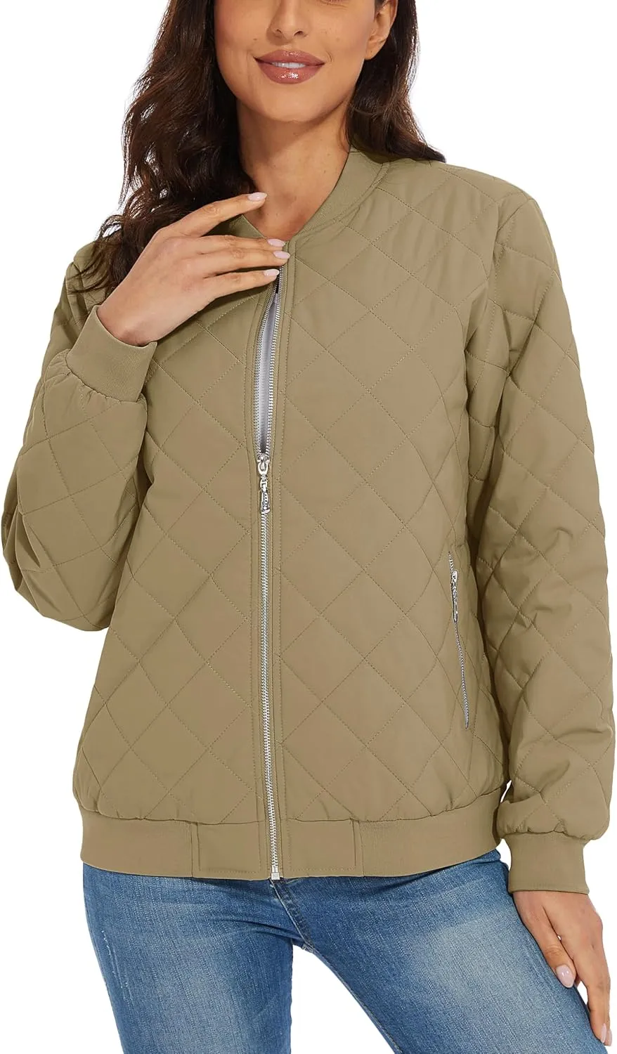 MAGCOMSEN Women's Diamond Quilted Jackets Lightweight Casual Bomber Jacket Warm Cotton Padded Coats with 2 Pockets