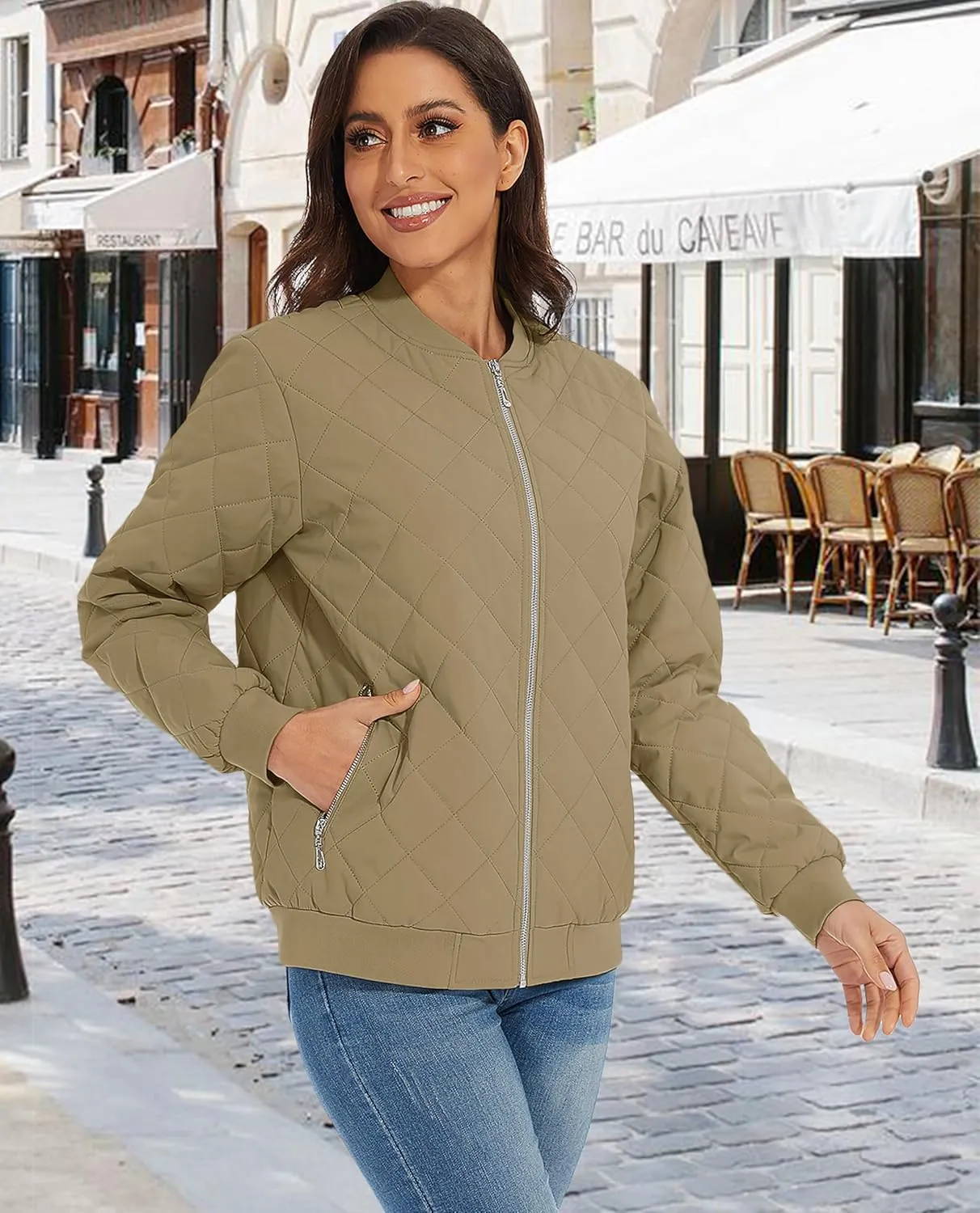 MAGCOMSEN Women's Diamond Quilted Jackets Lightweight Casual Bomber Jacket Warm Cotton Padded Coats with 2 Pockets