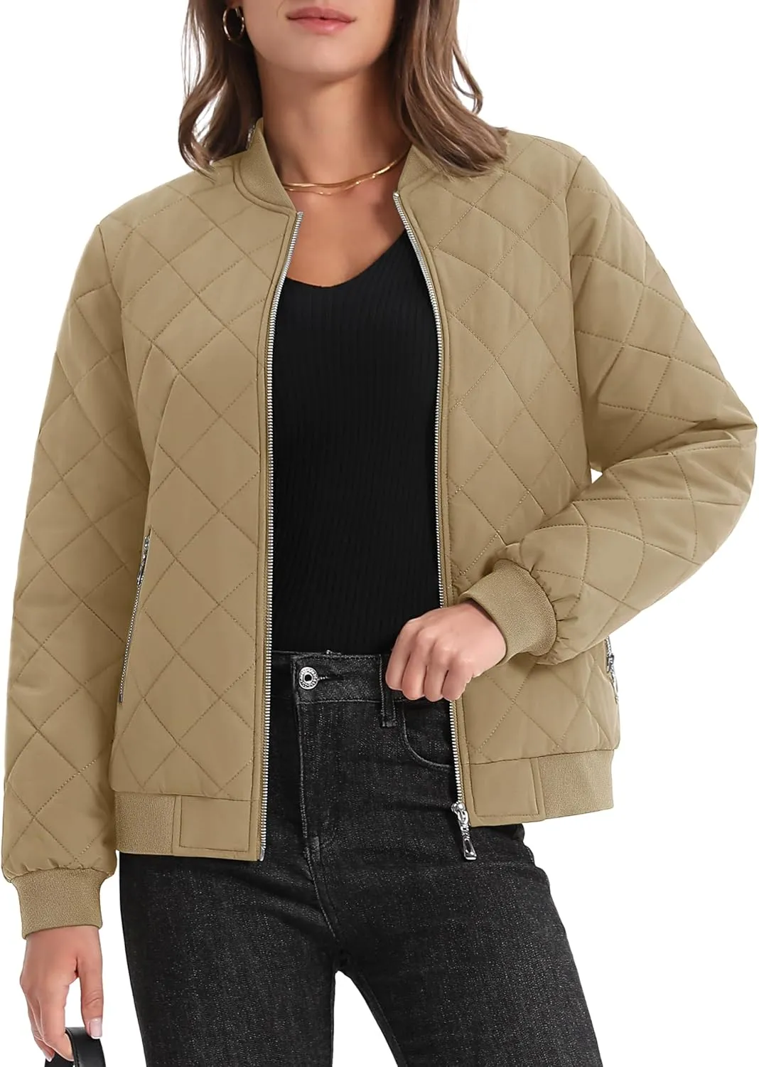 MAGCOMSEN Women's Diamond Quilted Jackets Lightweight Casual Bomber Jacket Warm Cotton Padded Coats with 2 Pockets