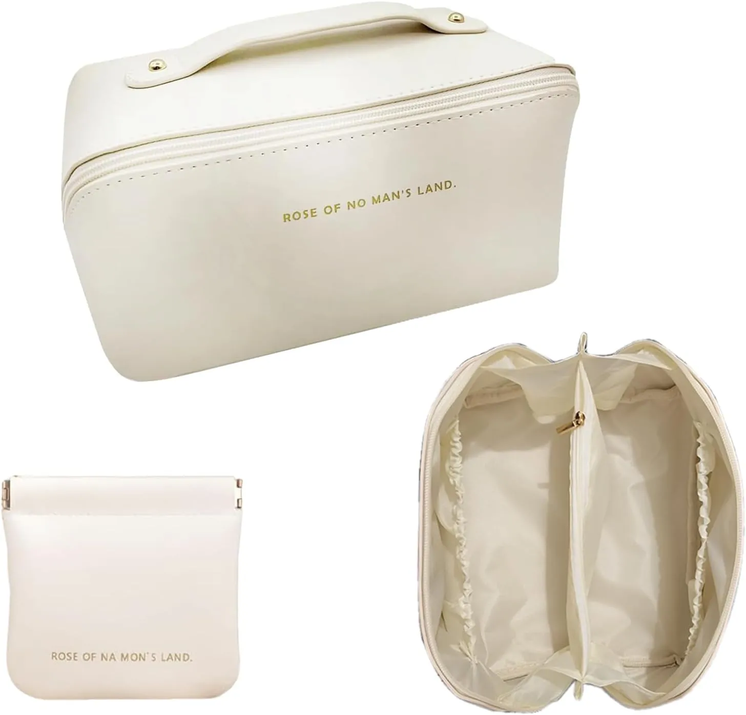 Makeup Bag for Women - Large Capacity Leather Cosmetic Bags for Women,Cotton Makeup Bag Set Travel Makeup Organizer Case Make up Organizer with Divider and Handle-White