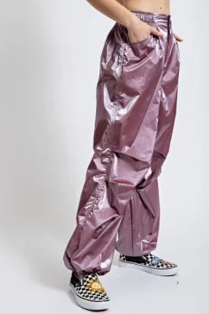 Mauve Pink Metallic Parachute Cargo Pant