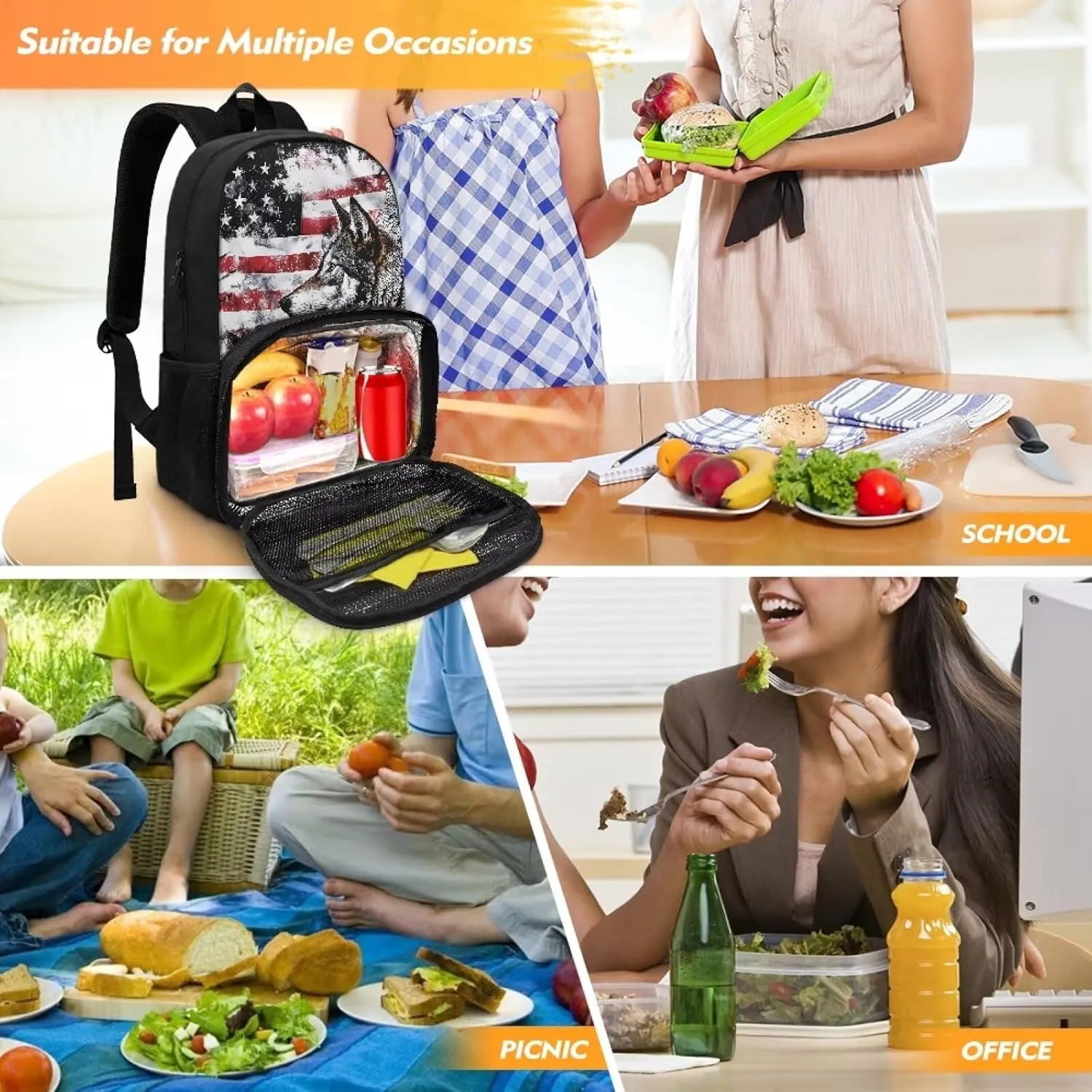 Meal Backpack, American Flag Wolf 2 in 1 Meal Insulated Lunch Rucksack with Book Compartment for Men and Women Include Leakproof Meal Containers