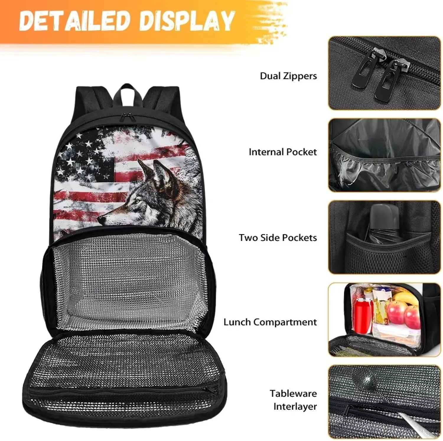 Meal Backpack, American Flag Wolf 2 in 1 Meal Insulated Lunch Rucksack with Book Compartment for Men and Women Include Leakproof Meal Containers