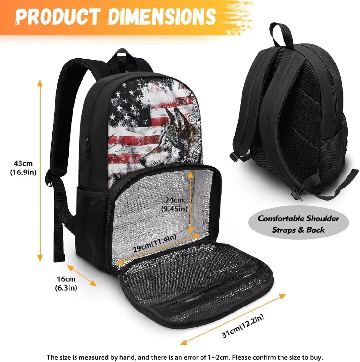 Meal Backpack, American Flag Wolf 2 in 1 Meal Insulated Lunch Rucksack with Book Compartment for Men and Women Include Leakproof Meal Containers