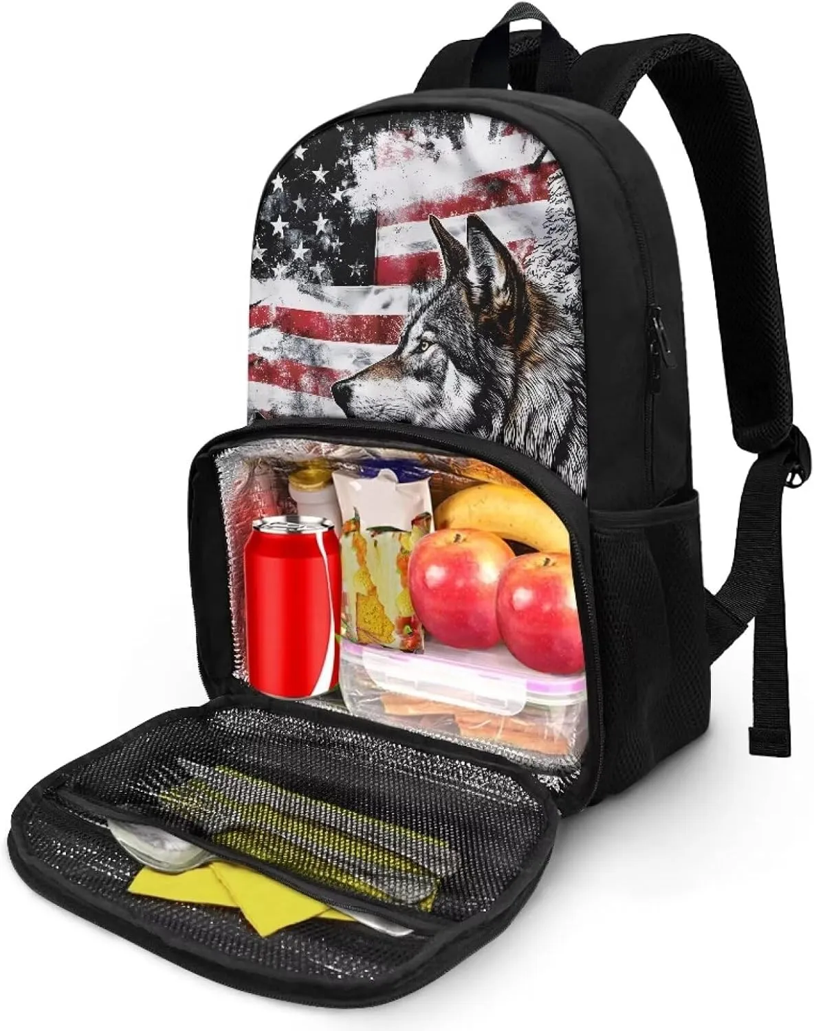 Meal Backpack, American Flag Wolf 2 in 1 Meal Insulated Lunch Rucksack with Book Compartment for Men and Women Include Leakproof Meal Containers