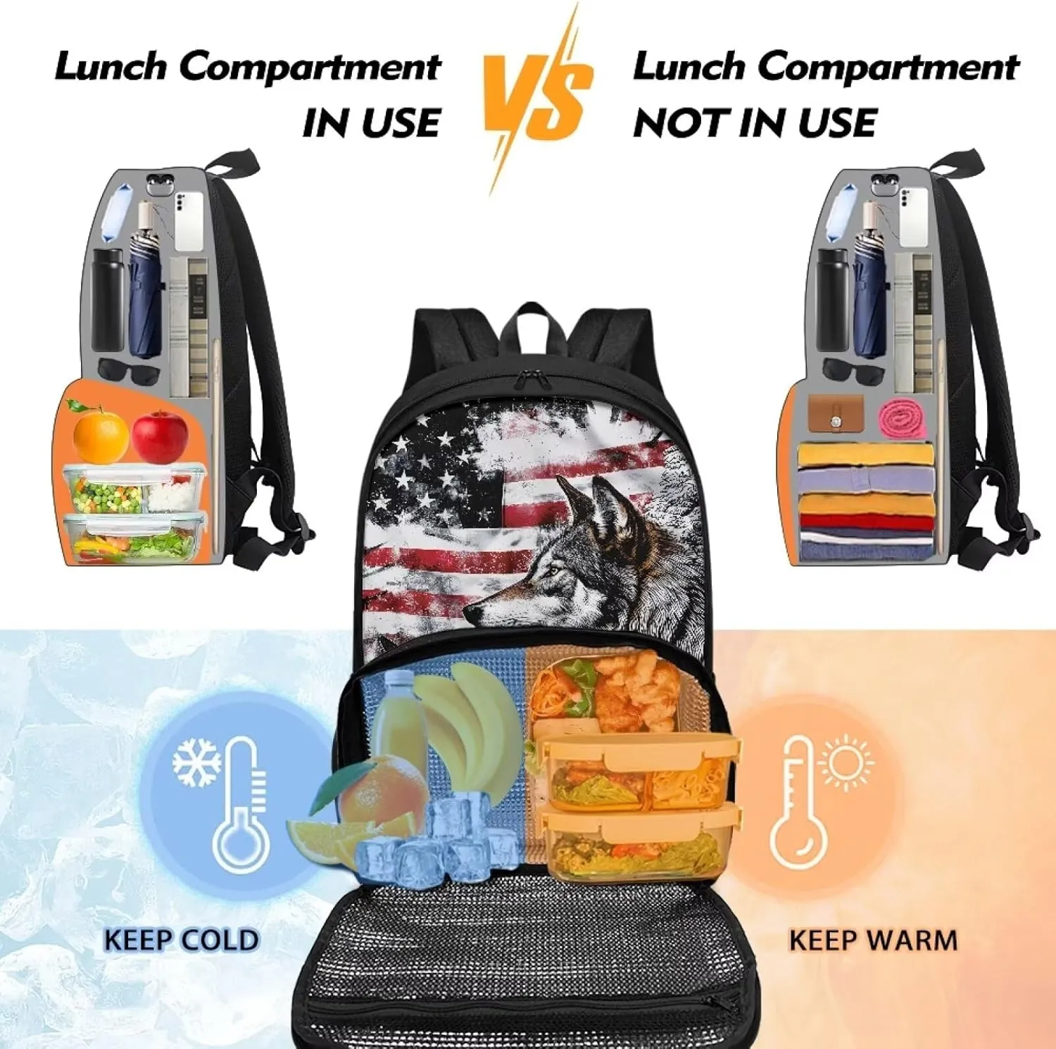 Meal Backpack, American Flag Wolf 2 in 1 Meal Insulated Lunch Rucksack with Book Compartment for Men and Women Include Leakproof Meal Containers