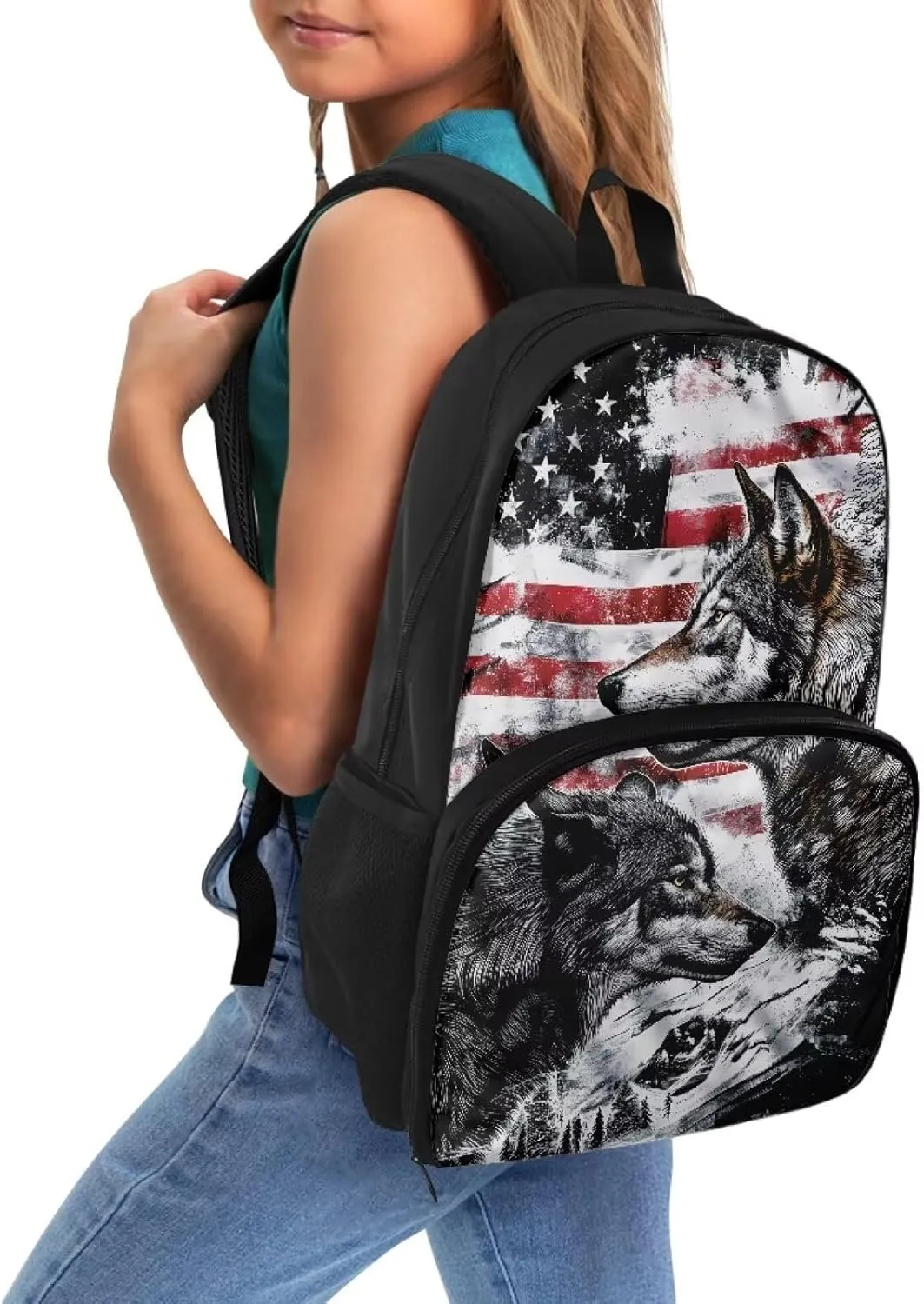 Meal Backpack, American Flag Wolf 2 in 1 Meal Insulated Lunch Rucksack with Book Compartment for Men and Women Include Leakproof Meal Containers