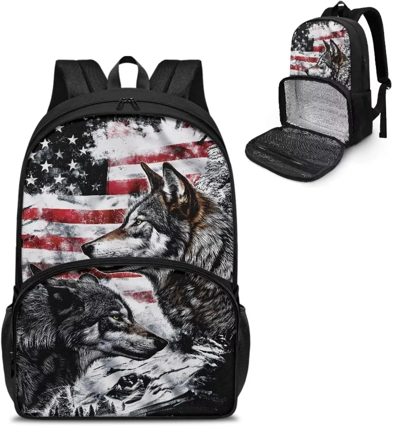 Meal Backpack, American Flag Wolf 2 in 1 Meal Insulated Lunch Rucksack with Book Compartment for Men and Women Include Leakproof Meal Containers