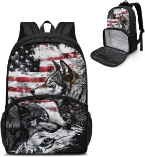 Meal Backpack, American Flag Wolf 2 in 1 Meal Insulated Lunch Rucksack with Book Compartment for Men and Women Include Leakproof Meal Containers