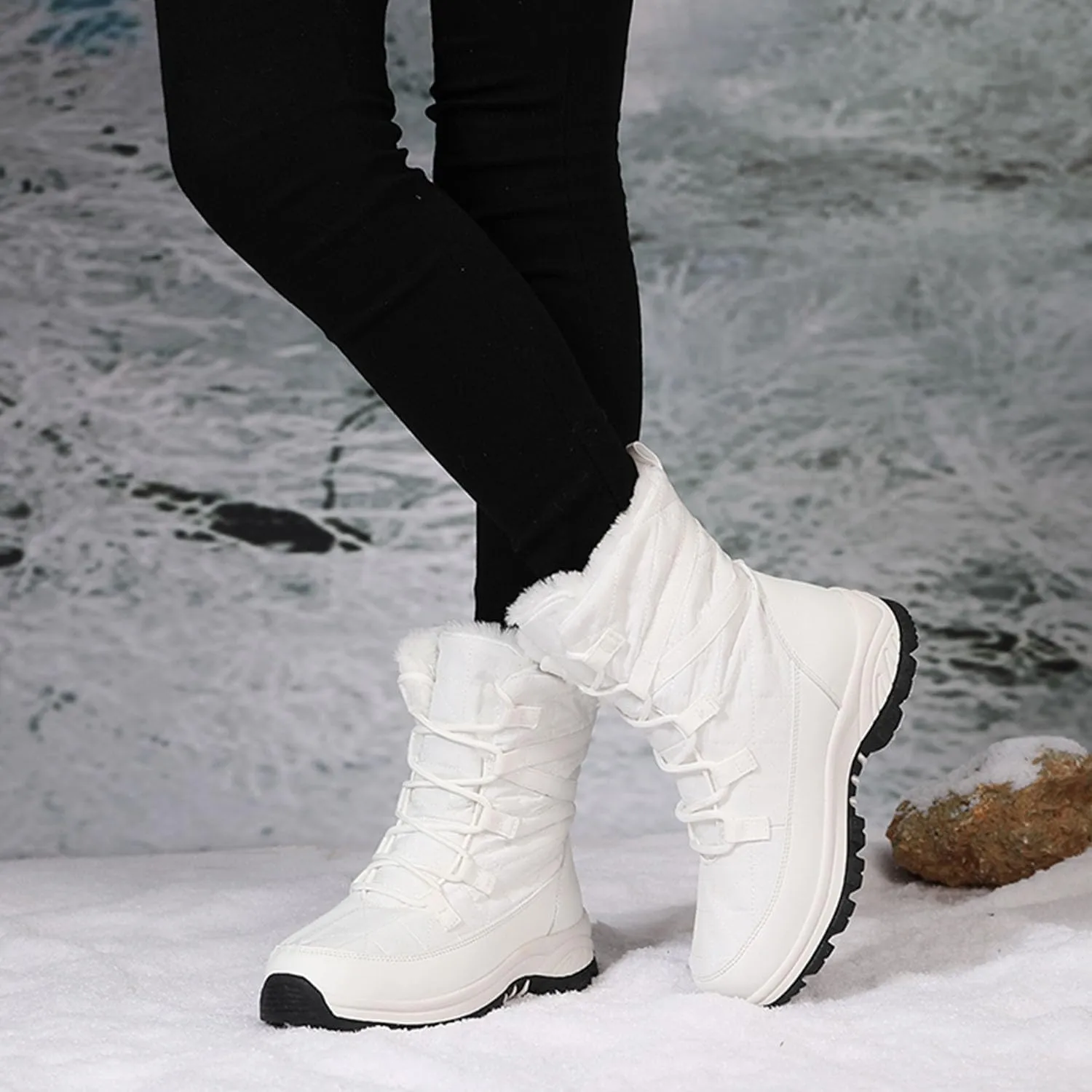 MEBAMY Women's Waterproof Winter Snow Boots Lightweight Warm Faux Fur Lined Mid-Calf Booties Black