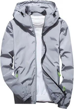 Men's Rain Jacket Casual Lightweight Waterproof Windbreaker Refleciton Zip Up Jackets with Hood for Mens