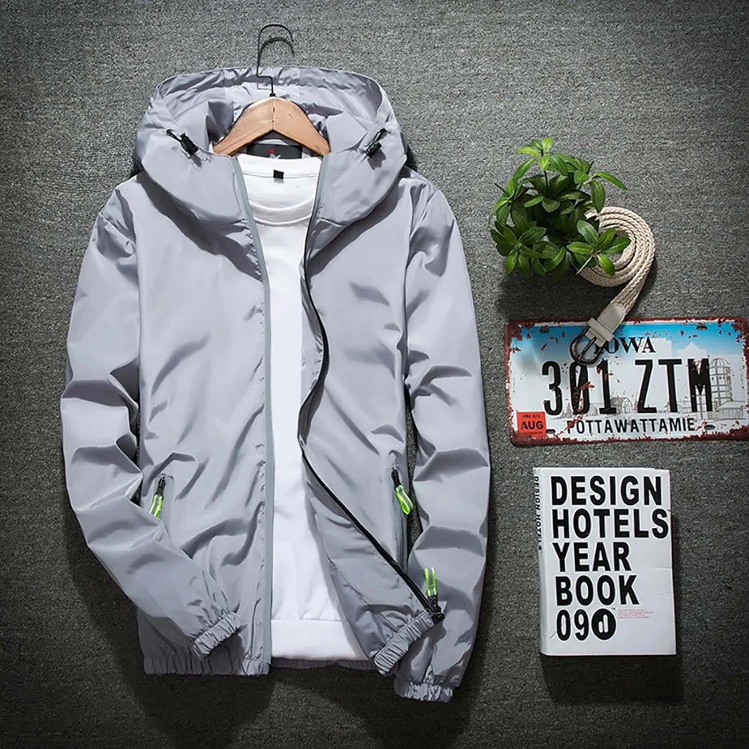 Men's Rain Jacket Casual Lightweight Waterproof Windbreaker Refleciton Zip Up Jackets with Hood for Mens