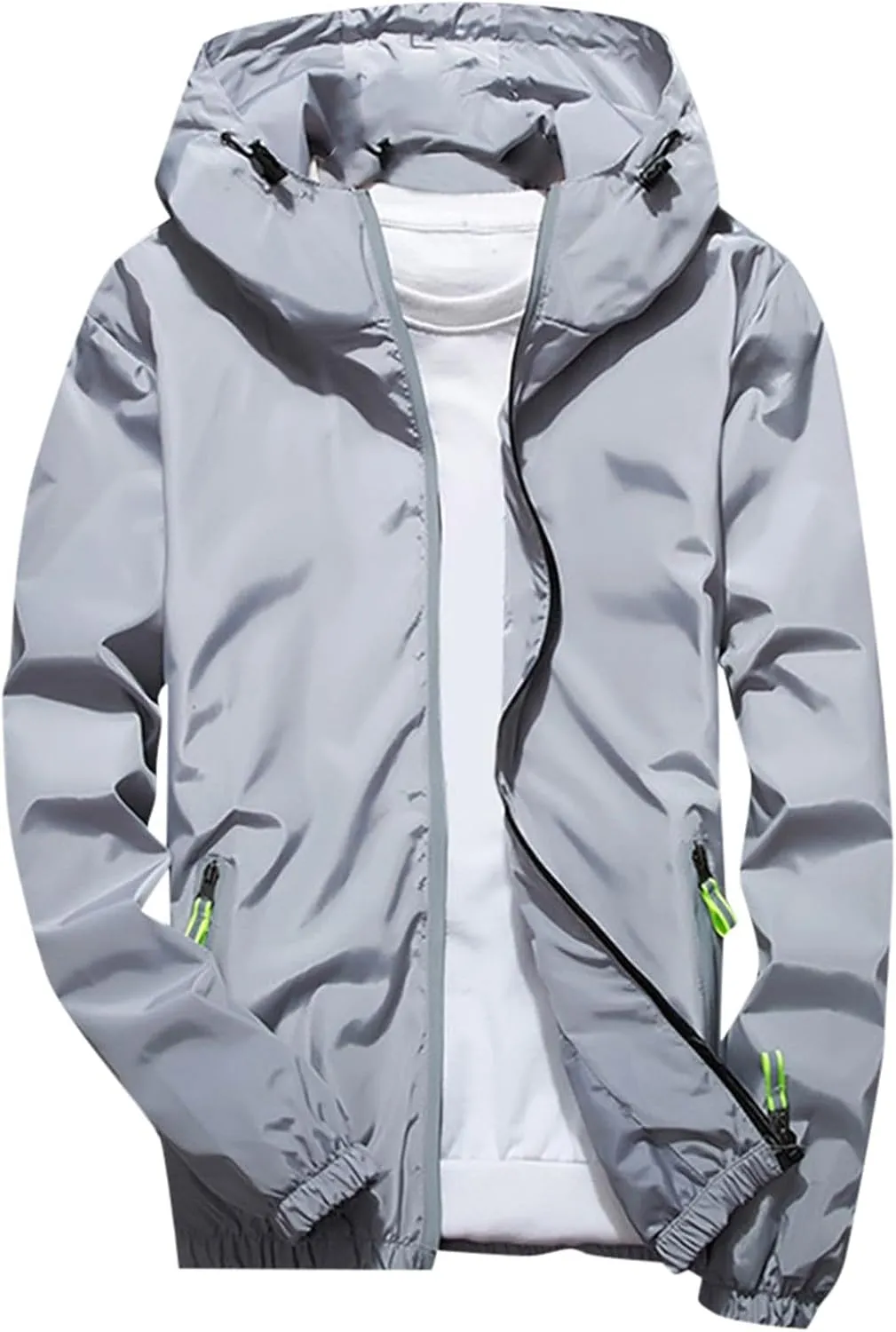 Men's Rain Jacket Casual Lightweight Waterproof Windbreaker Refleciton Zip Up Jackets with Hood for Mens