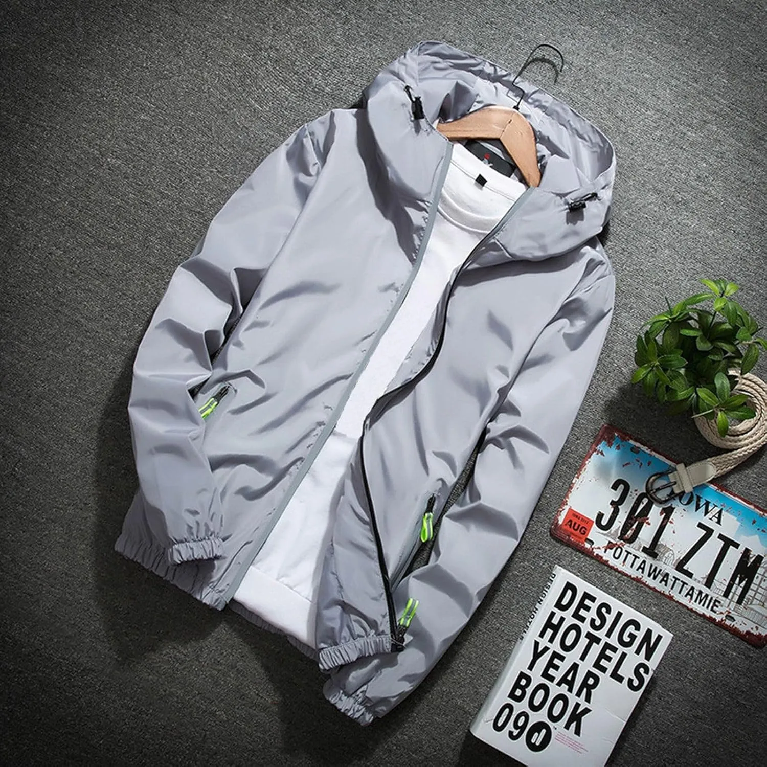 Men's Rain Jacket Casual Lightweight Waterproof Windbreaker Refleciton Zip Up Jackets with Hood for Mens