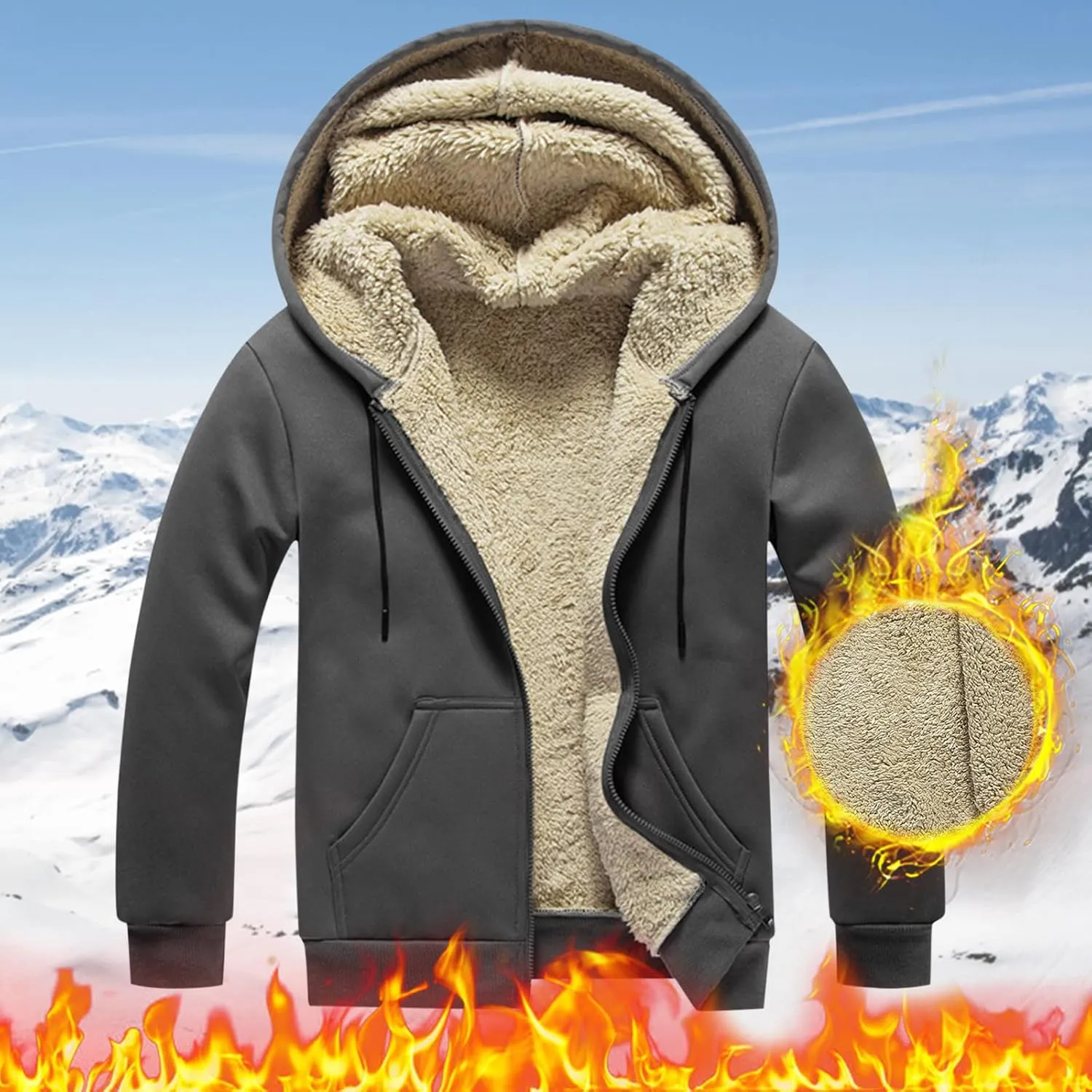 Men'S Sherpa Lined Heavyweight Jackets Zip Up Fleece Hoodies Windproof Outdoor Jacket For Men Winter Warm Coats M-4XL