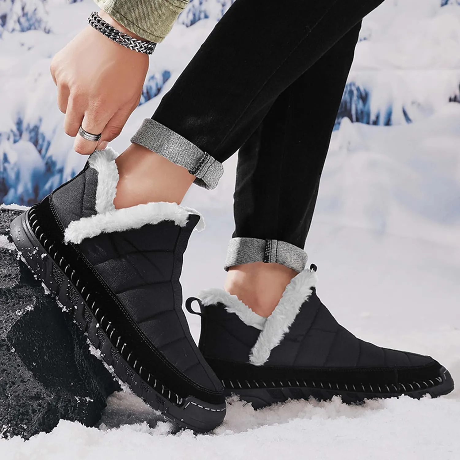 Men's Snow Boots Waterproof Mens Warm Winter Boots Fur Lined Plush Walking Boots Cozy Slip Casual Outdoor Boots