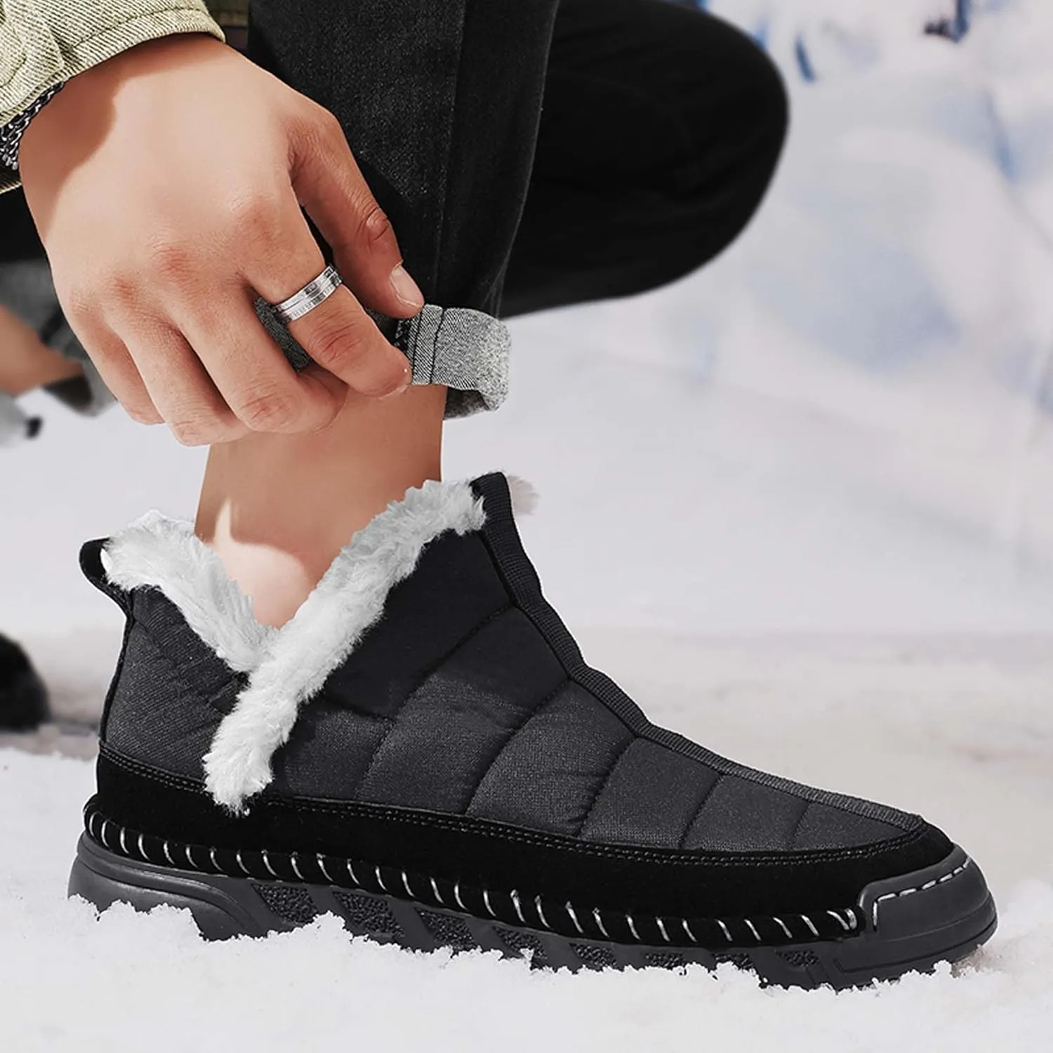 Men's Snow Boots Waterproof Mens Warm Winter Boots Fur Lined Plush Walking Boots Cozy Slip Casual Outdoor Boots